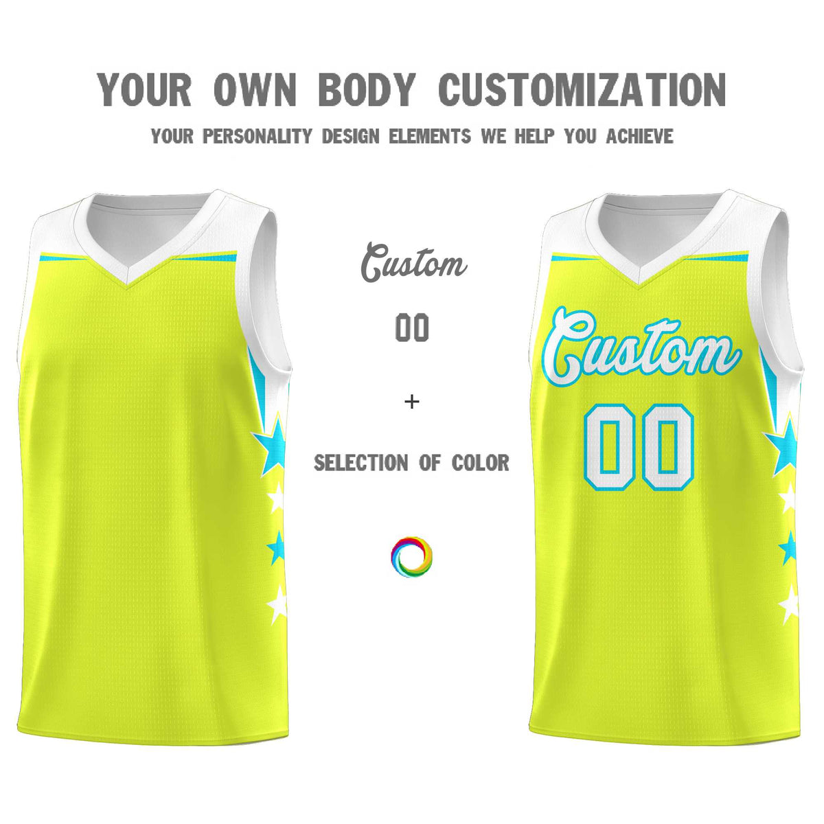 Custom Youth Basketball Uniform Fluorescent Green White Two Tone Side Star Personalized Team Jersey