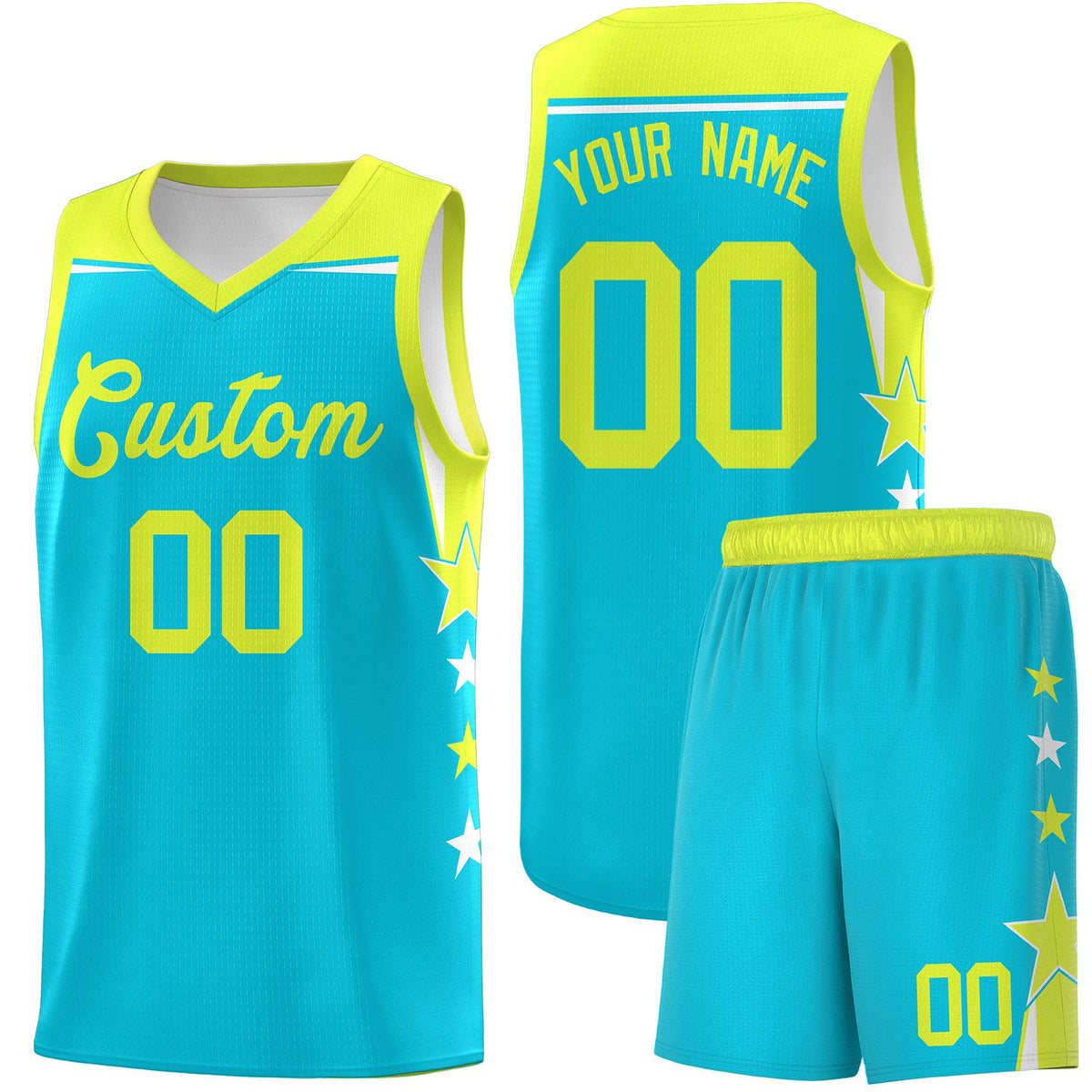 Custom Youth Basketball Uniform Sky Blue Fluorescent Green Two Tone Side Star Color Block Team Jersey