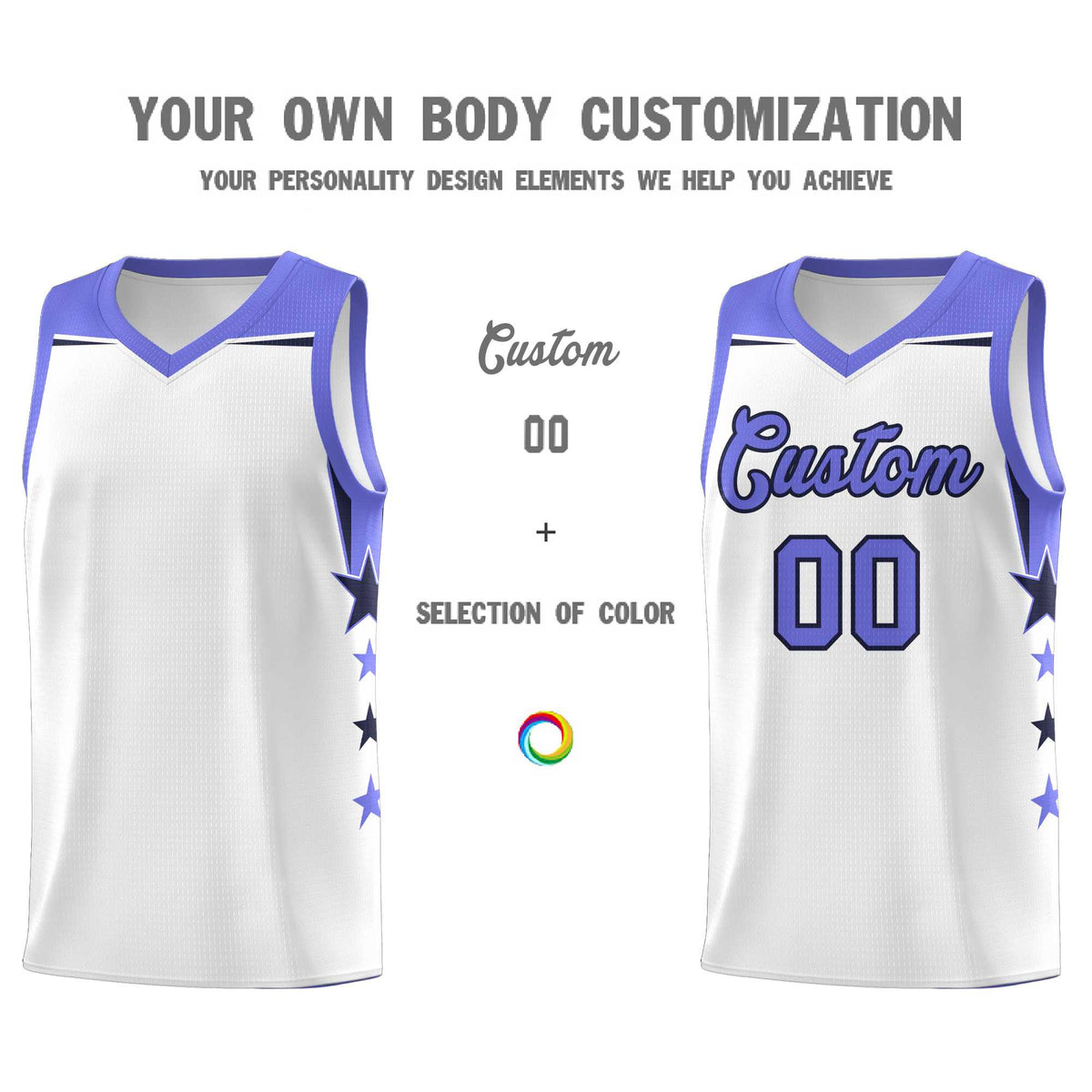 Custom Youth Basketball Uniform White Purple Two Tone Side Star Add Name Number & Logo
