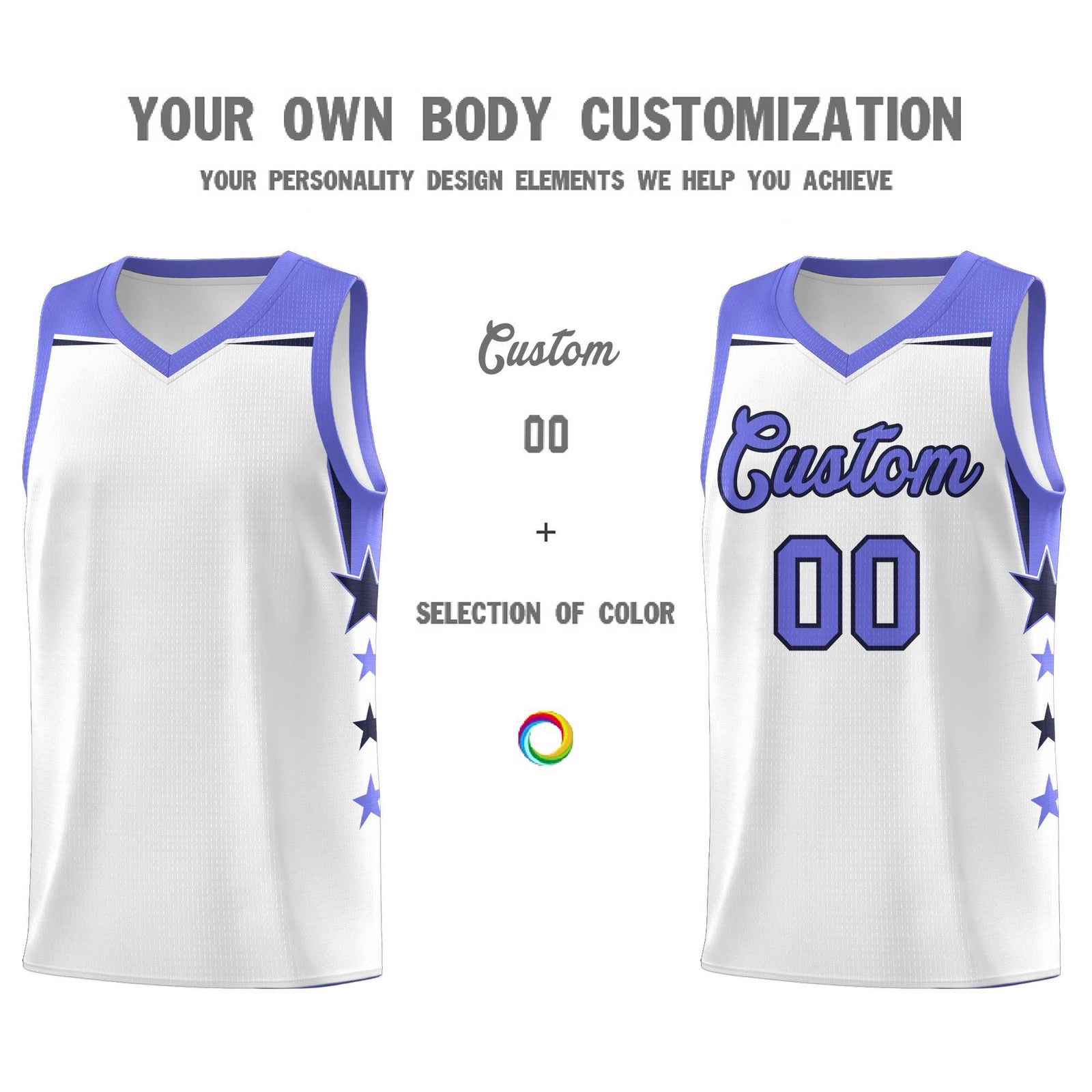 Custom Youth Basketball Uniform White Purple Two Tone Side Star Add Name Number & Logo
