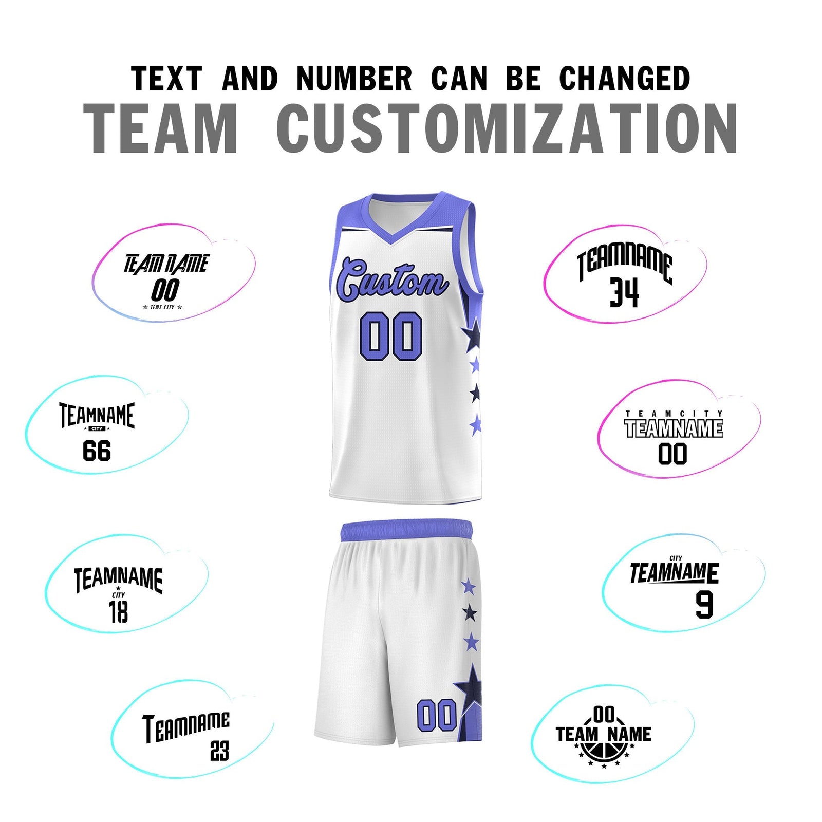 Custom Youth Basketball Uniform White Purple Two Tone Side Star Add Name Number & Logo
