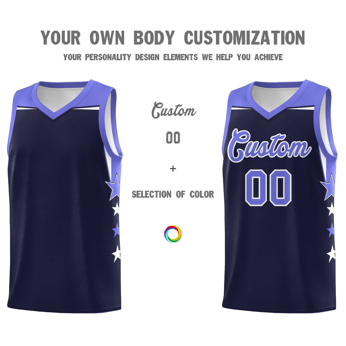 Custom Youth Basketball Uniform Navy Purple Two Tone Side Star Color Block Team Jersey