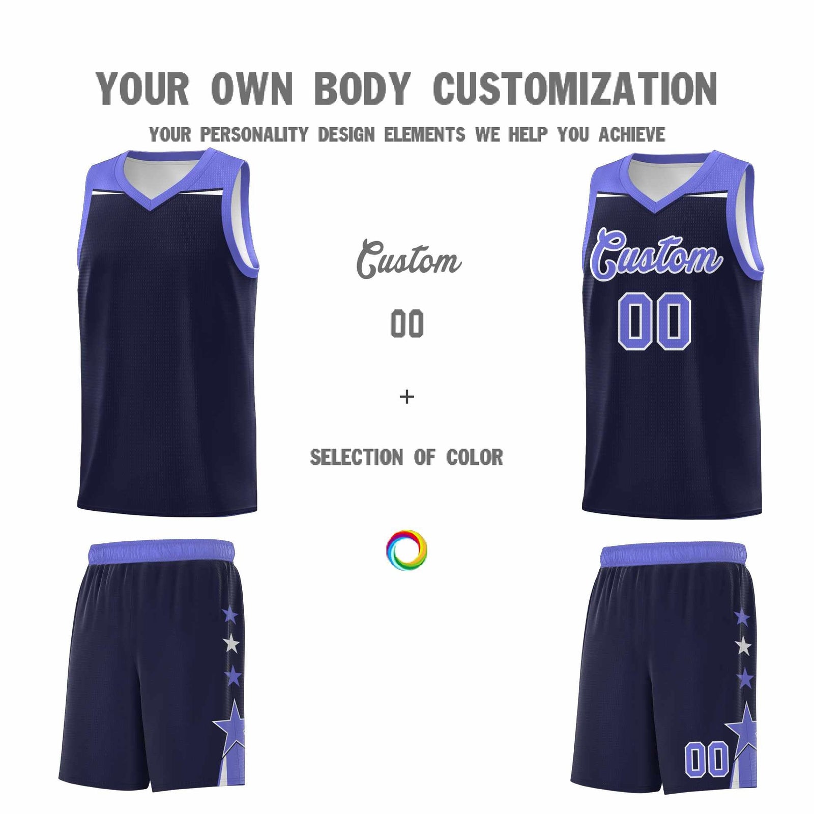 Custom Youth Basketball Uniform Navy Purple Two Tone Side Star Color Block Team Jersey