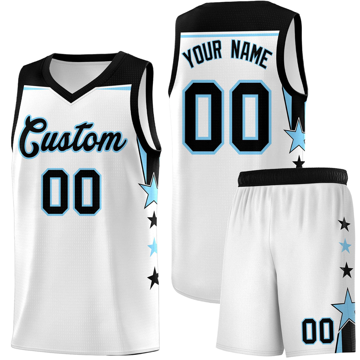 Custom Youth Basketball Uniform White Light Blue Two Tone Side Star Add Name Number & Logo