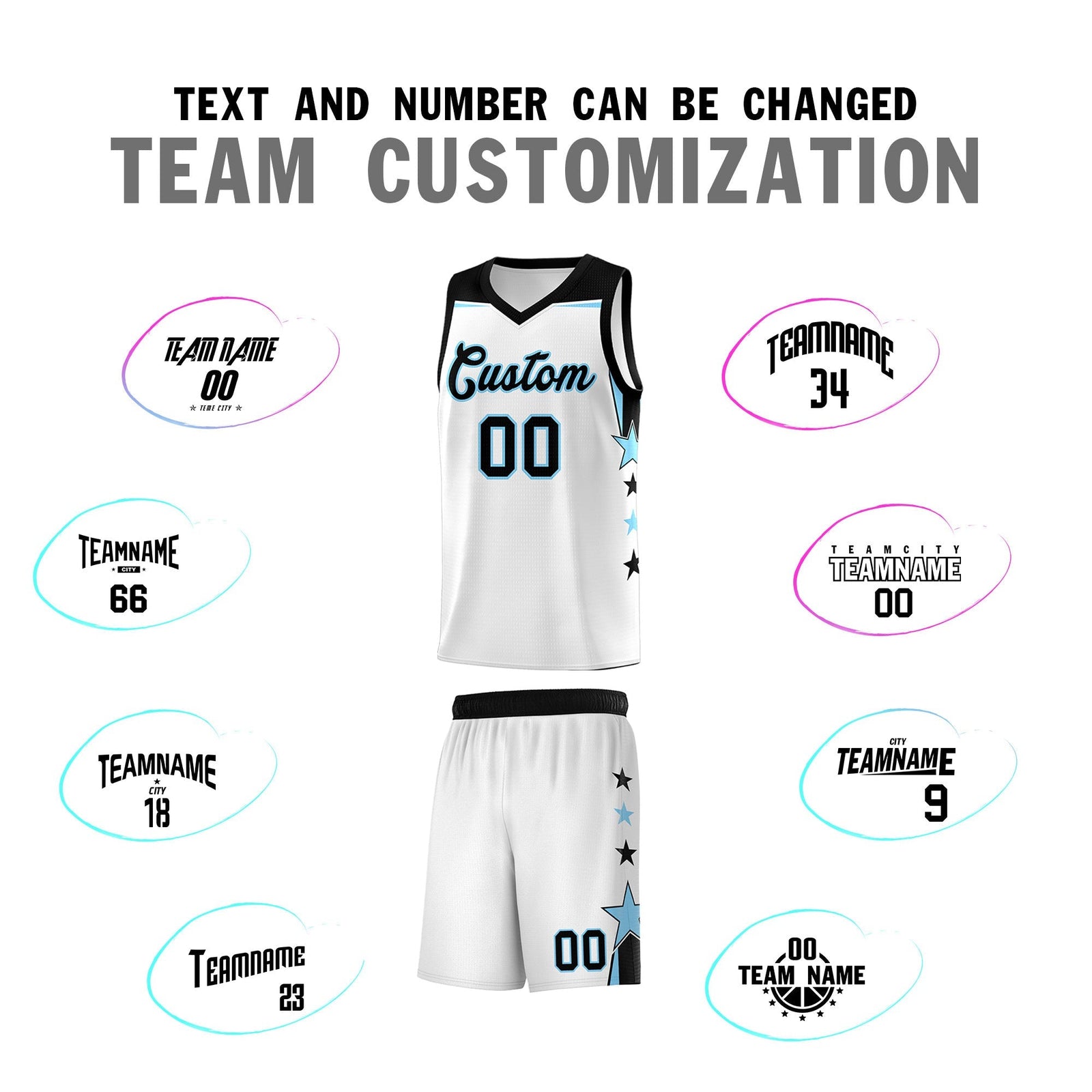 Custom Youth Basketball Uniform White Light Blue Two Tone Side Star Add Name Number & Logo