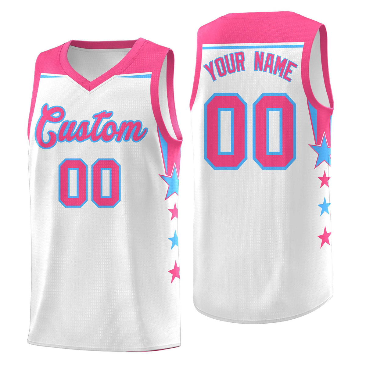 Custom Youth Basketball Uniform White Pink Two Tone Side Star Add Name Number & Logo