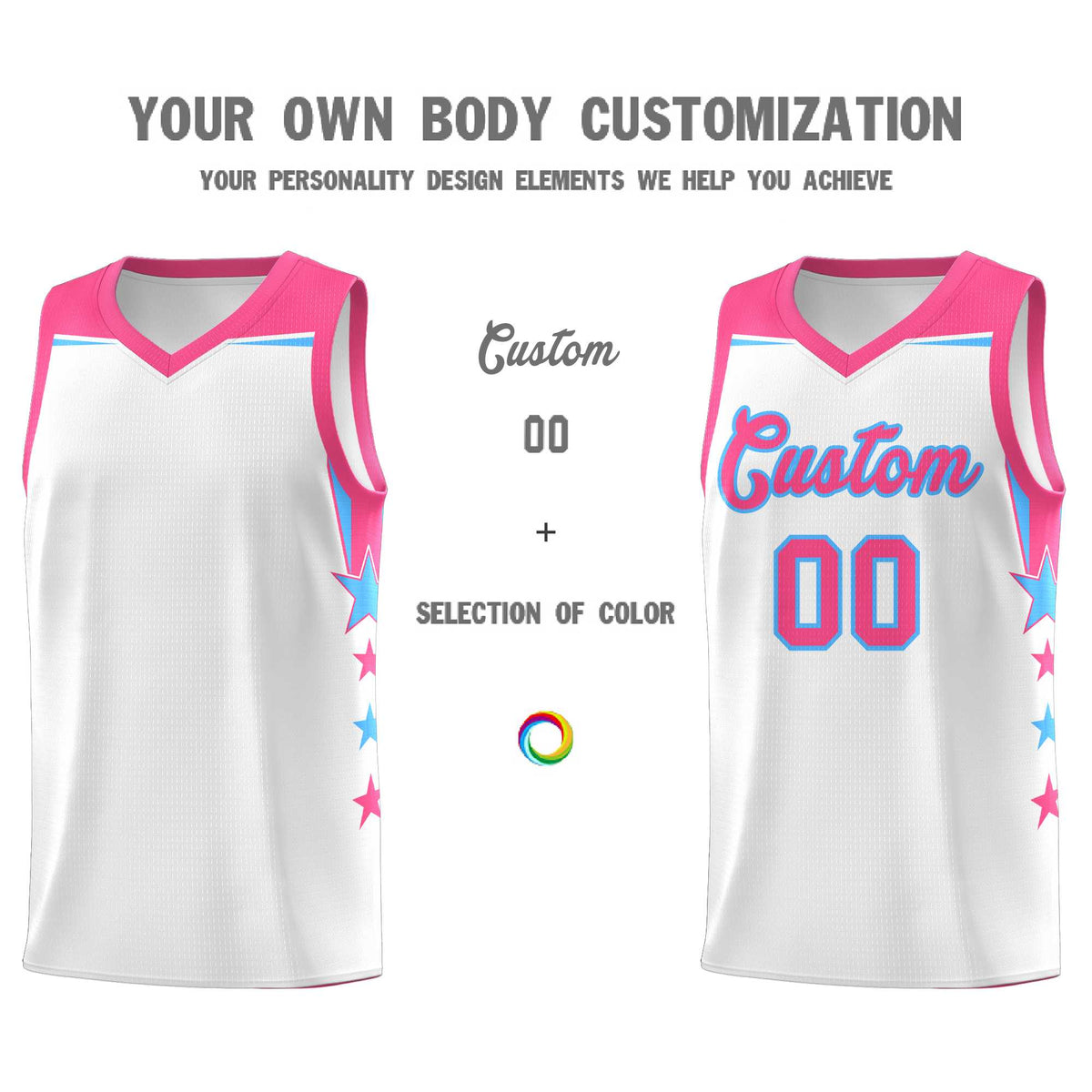 Custom Youth Basketball Uniform White Pink Two Tone Side Star Add Name Number & Logo