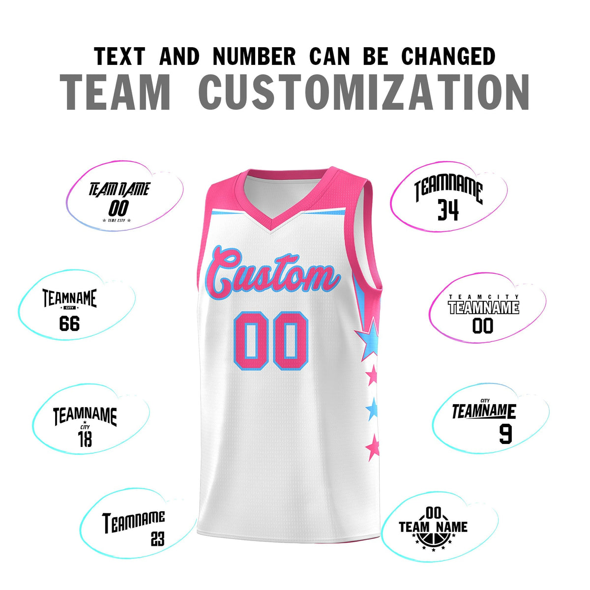 Custom Youth Basketball Uniform White Pink Two Tone Side Star Add Name Number & Logo