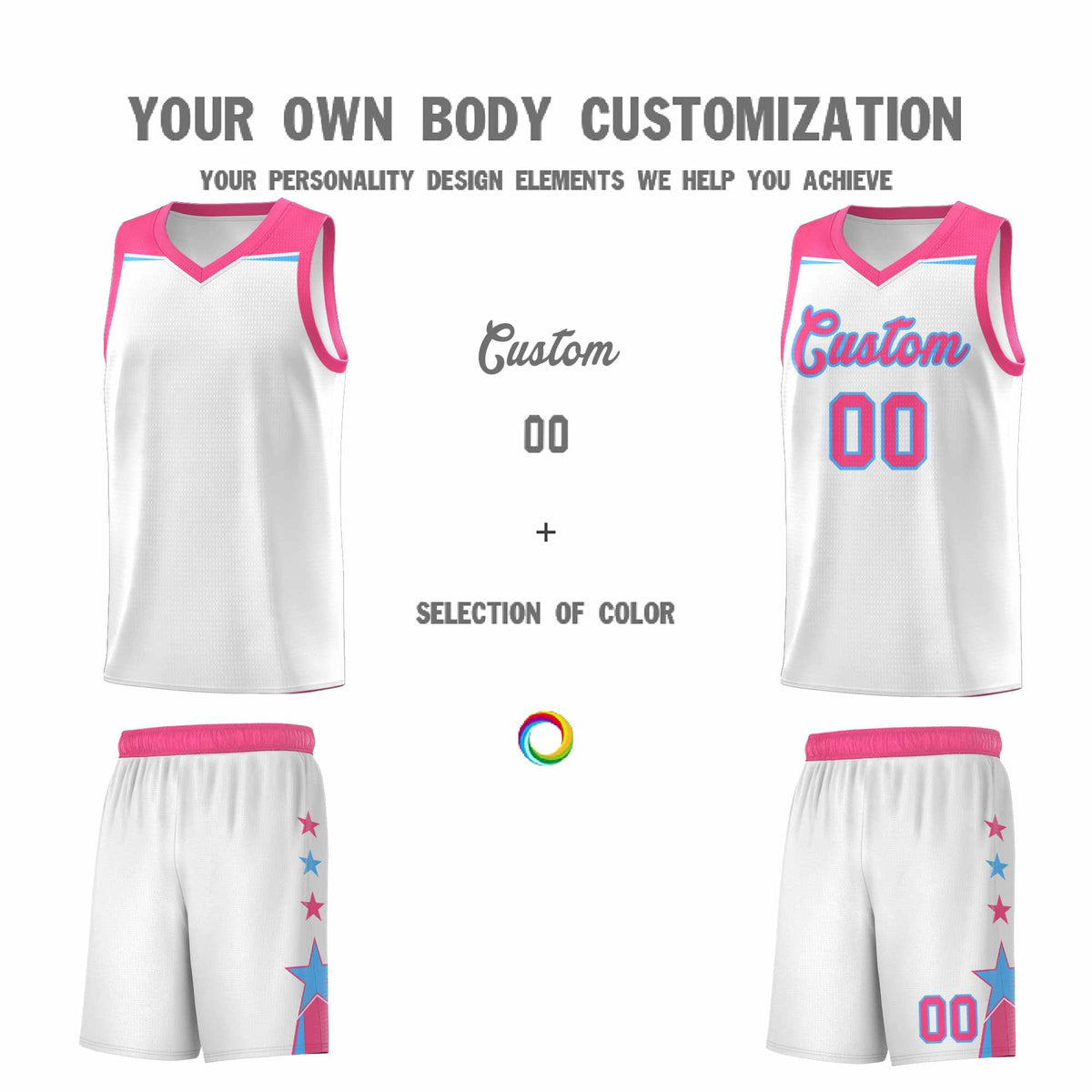 Custom Youth Basketball Uniform White Pink Two Tone Side Star Add Name Number & Logo