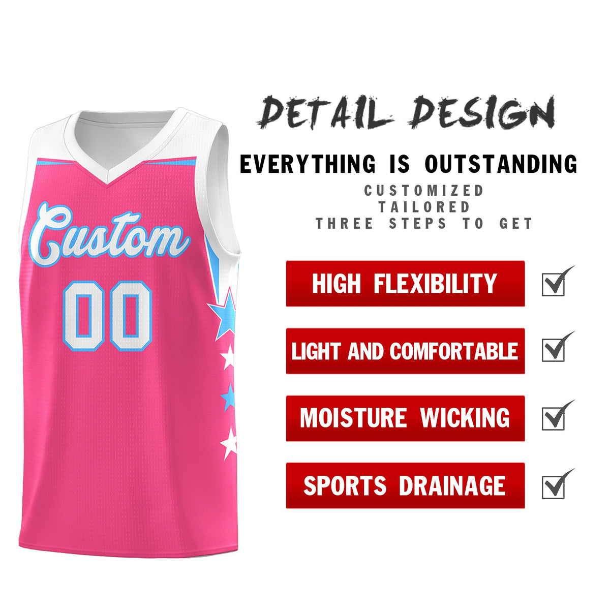 Custom Youth Basketball Uniform Pink White Two Tone Side Star Personalized Team Jersey