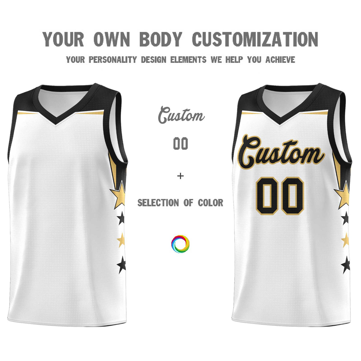 Custom Youth Basketball Uniform White Black Two Tone Side Star Add Name Number & Logo