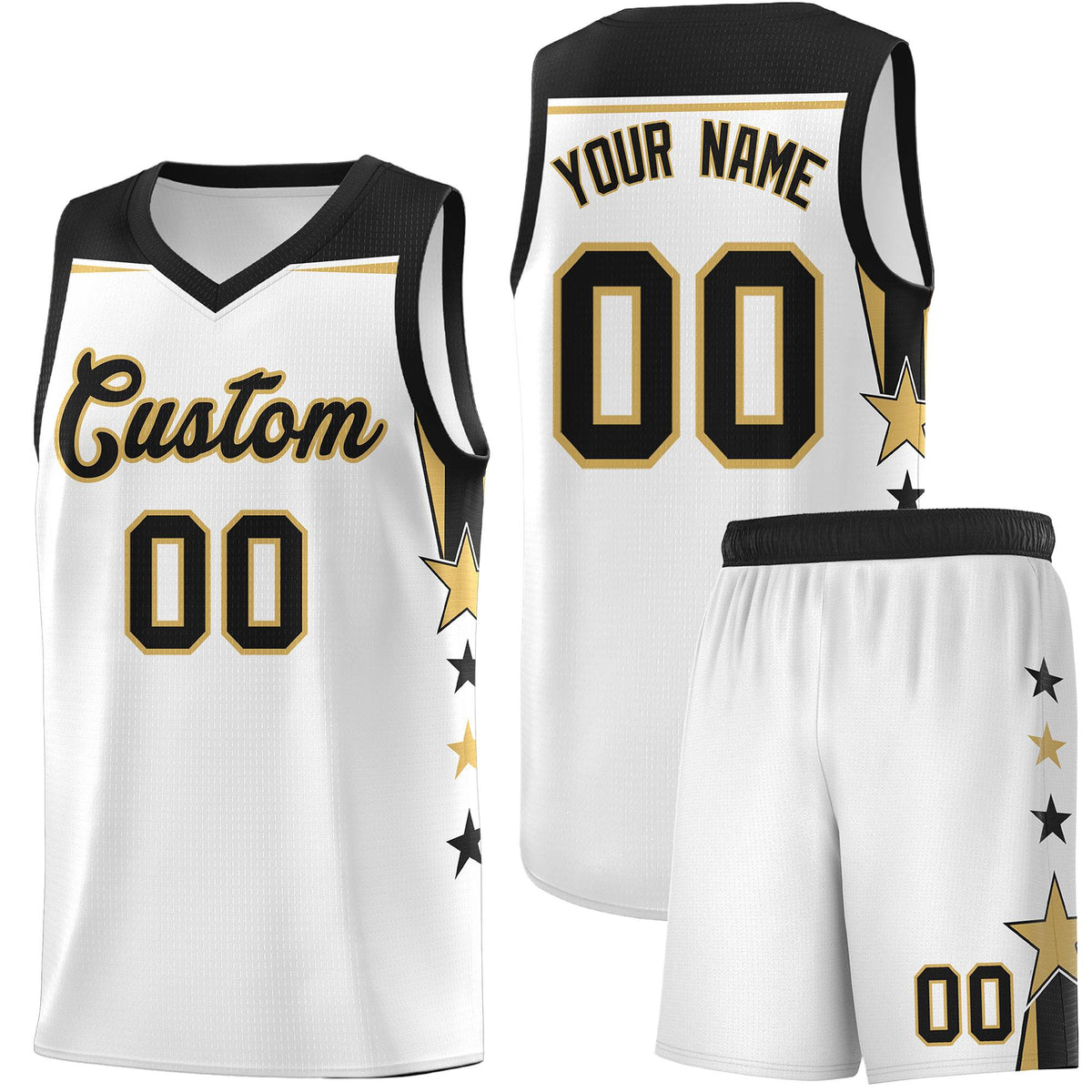 Custom Youth Basketball Uniform White Black Two Tone Side Star Add Name Number & Logo