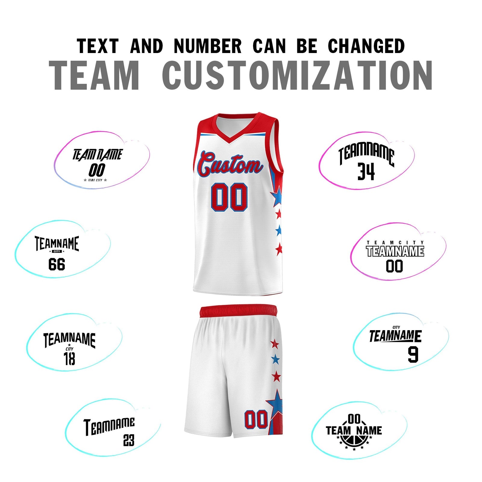 Custom Youth Basketball Uniform White Red Two Tone Side Star Add Name Number & Logo