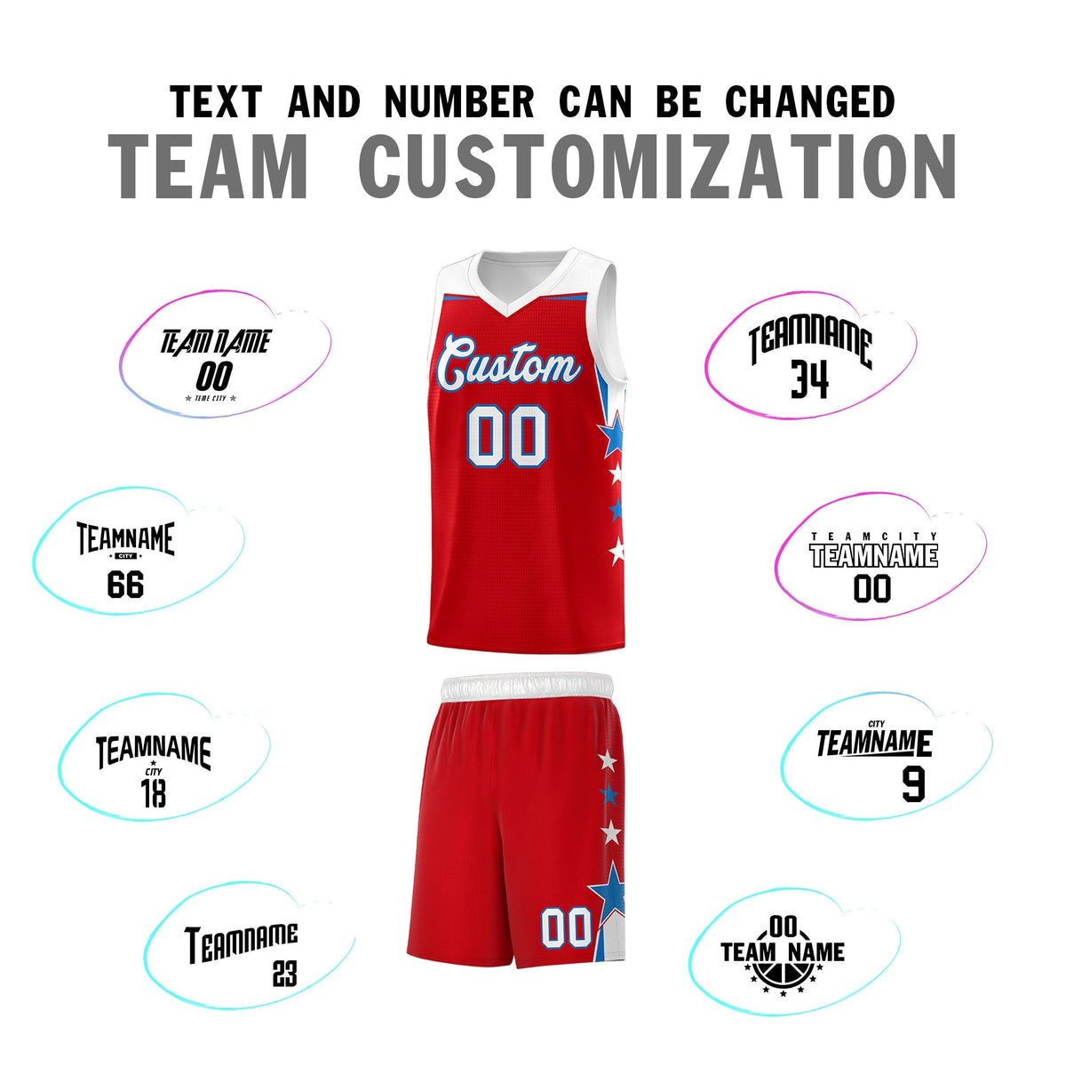 Custom Youth Basketball Uniform Red White Two Tone Side Star Personalized Team Jersey