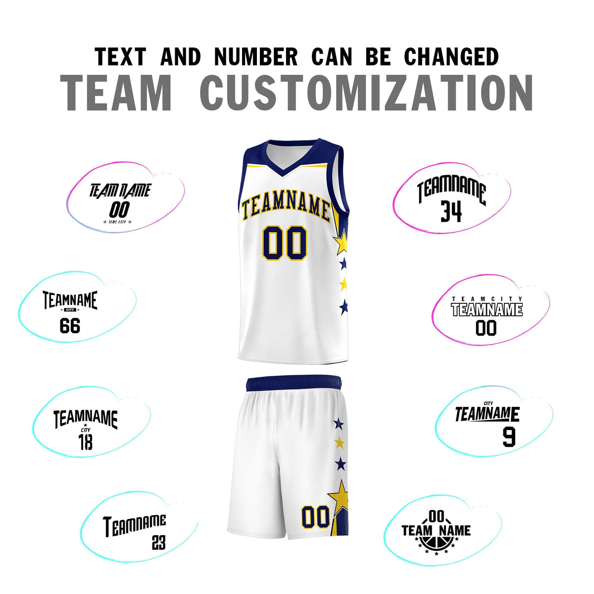 Custom Youth Basketball Uniform White Navy Two Tone Side Star Personalized Team Jersey