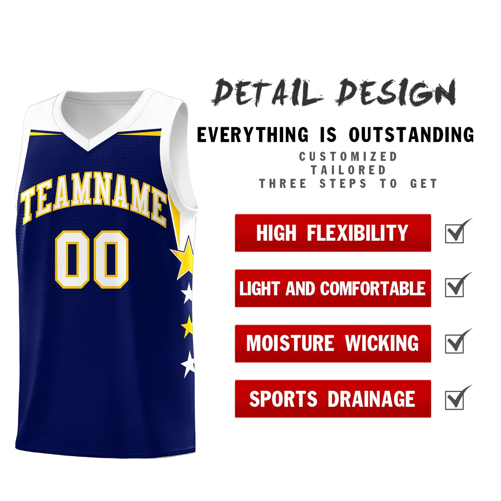 Custom Youth Basketball Uniform Navy White Two Tone Side Star Add Name Number & Logo