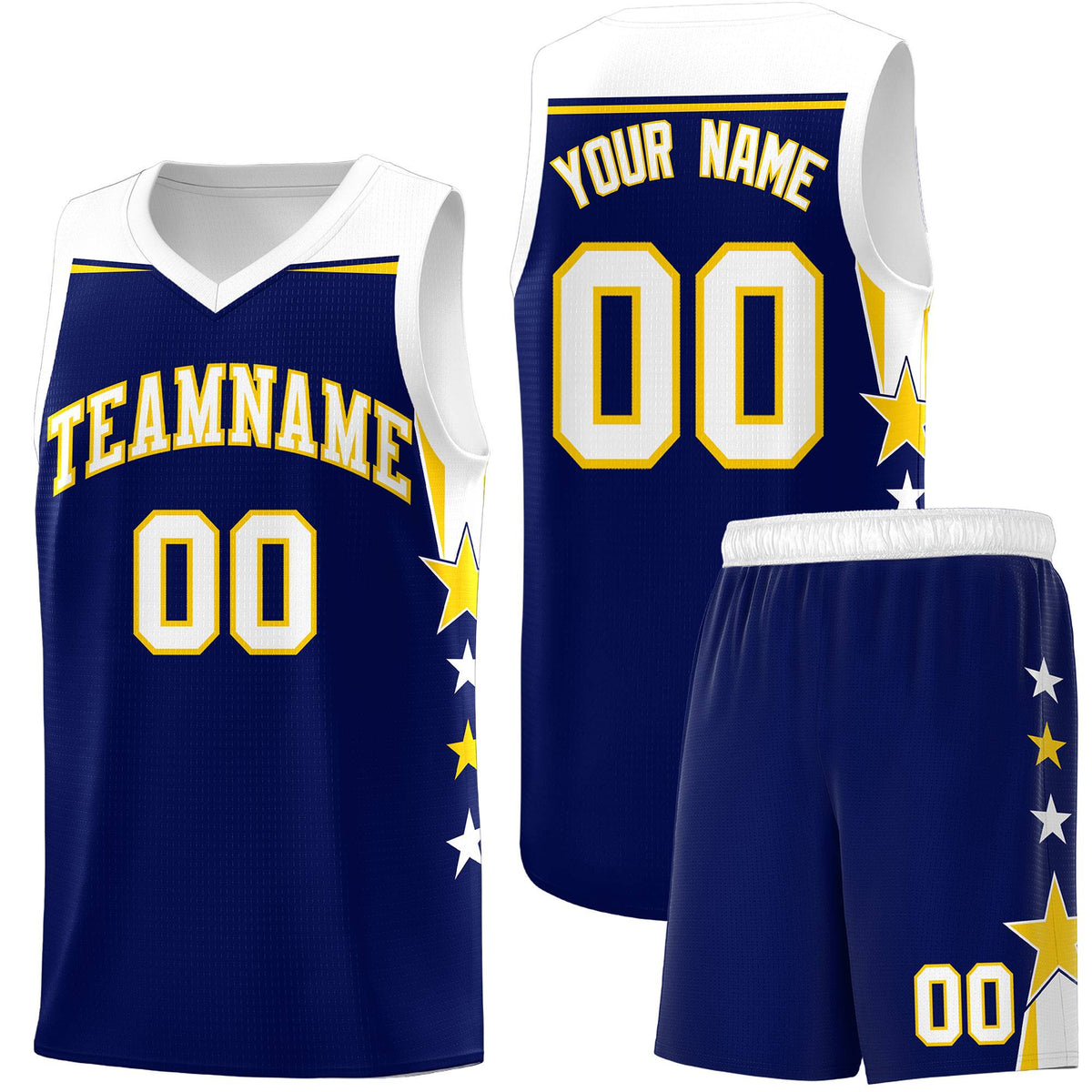 Custom Youth Basketball Uniform Navy White Two Tone Side Star Add Name Number & Logo