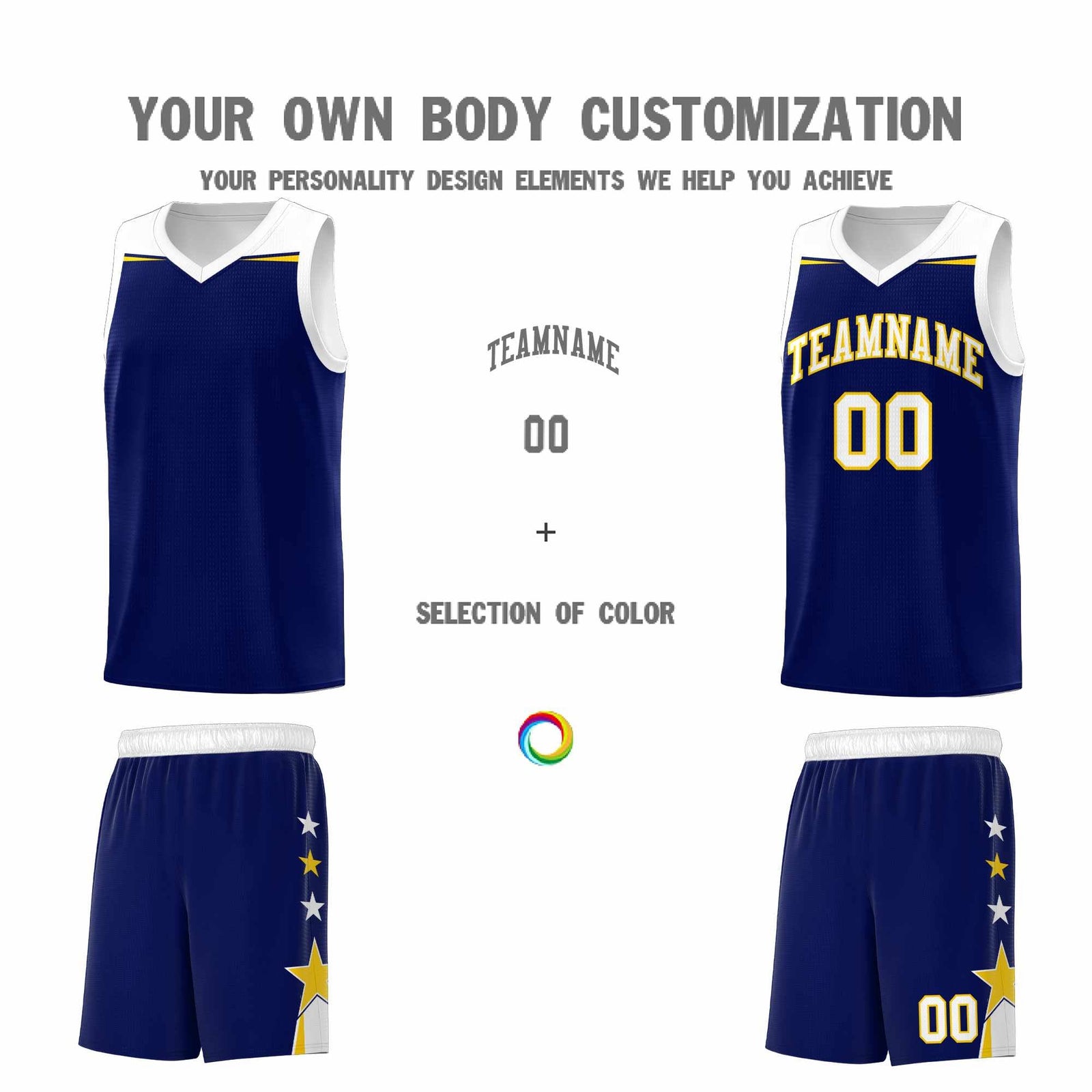 Custom Youth Basketball Uniform Navy White Two Tone Side Star Add Name Number & Logo