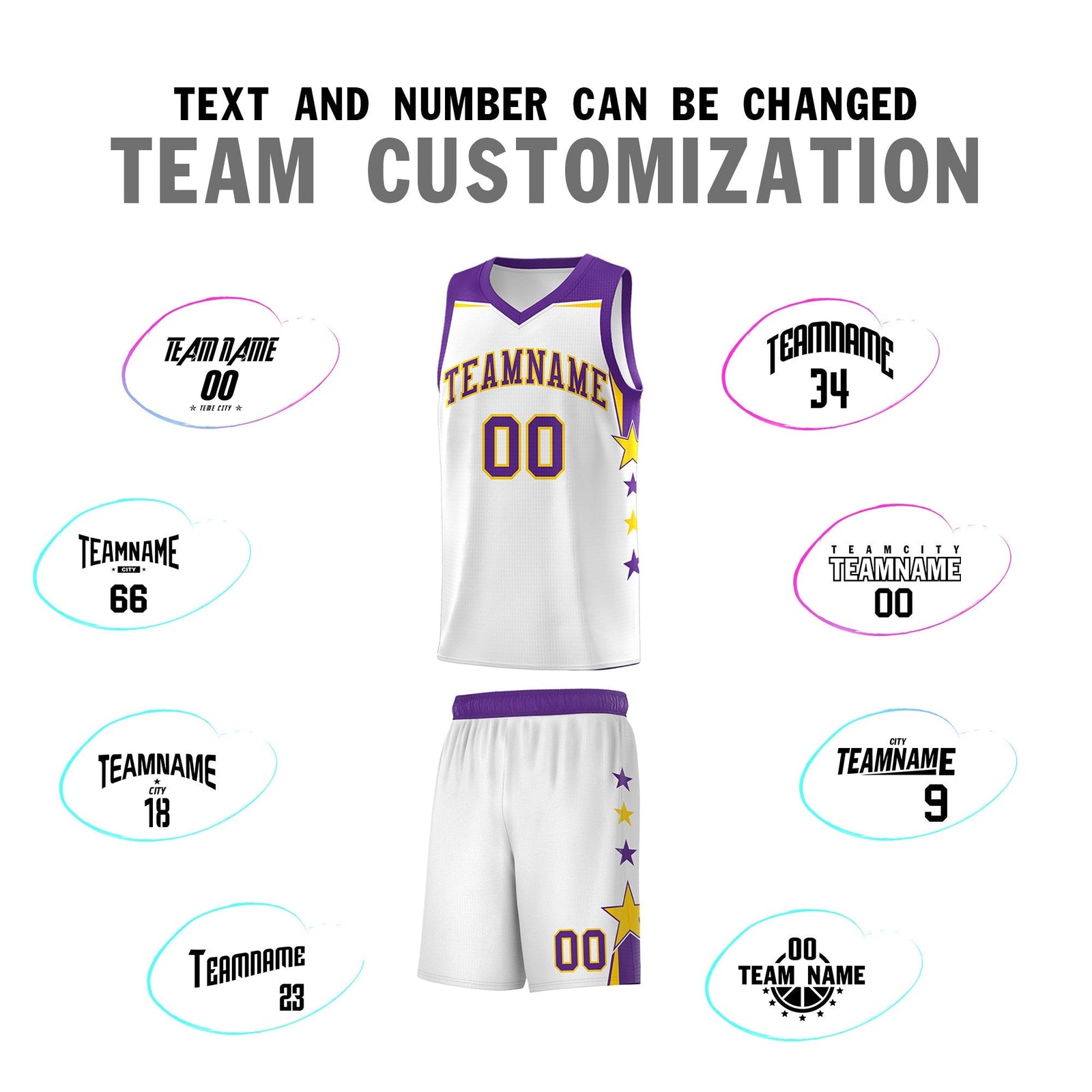 Custom Youth Basketball Uniform White Purple Two Tone Side Star Color Block Team Jersey