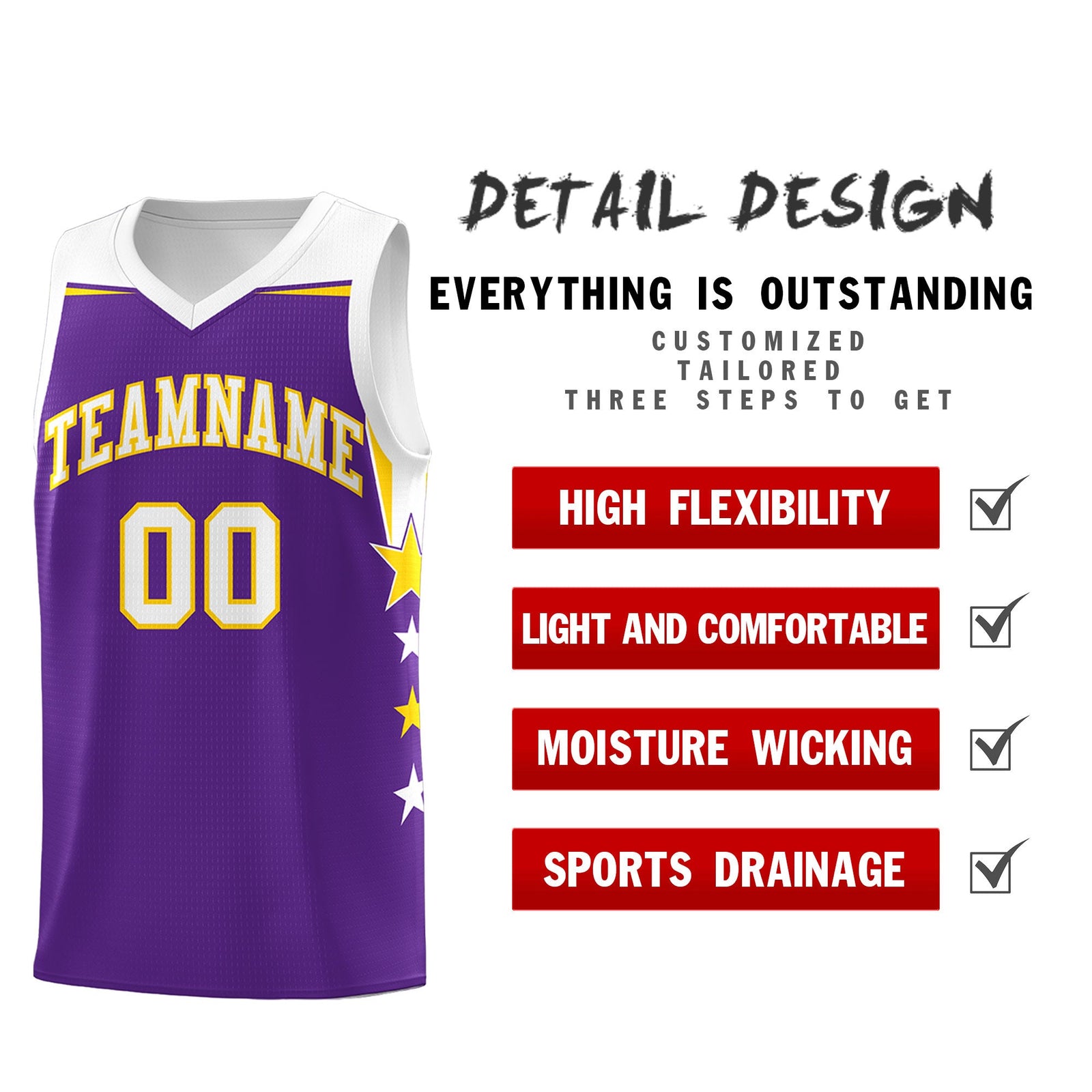 Custom Youth Basketball Uniform Purple White Two Tone Side Star Add Name Number & Logo