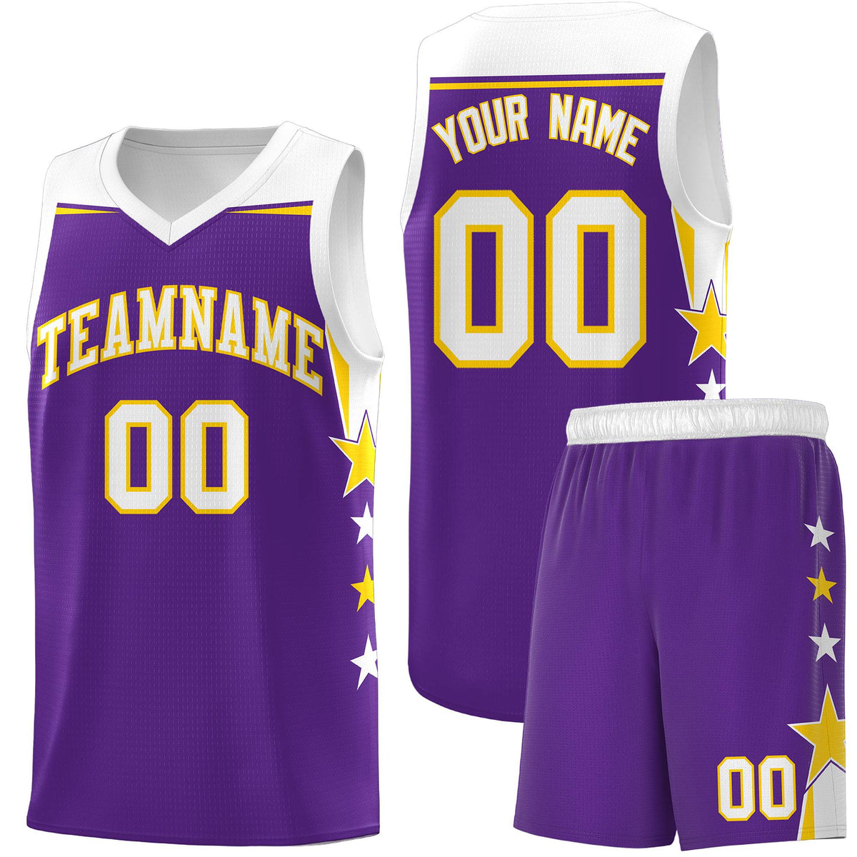 Custom Youth Basketball Uniform Purple White Two Tone Side Star Add Name Number & Logo