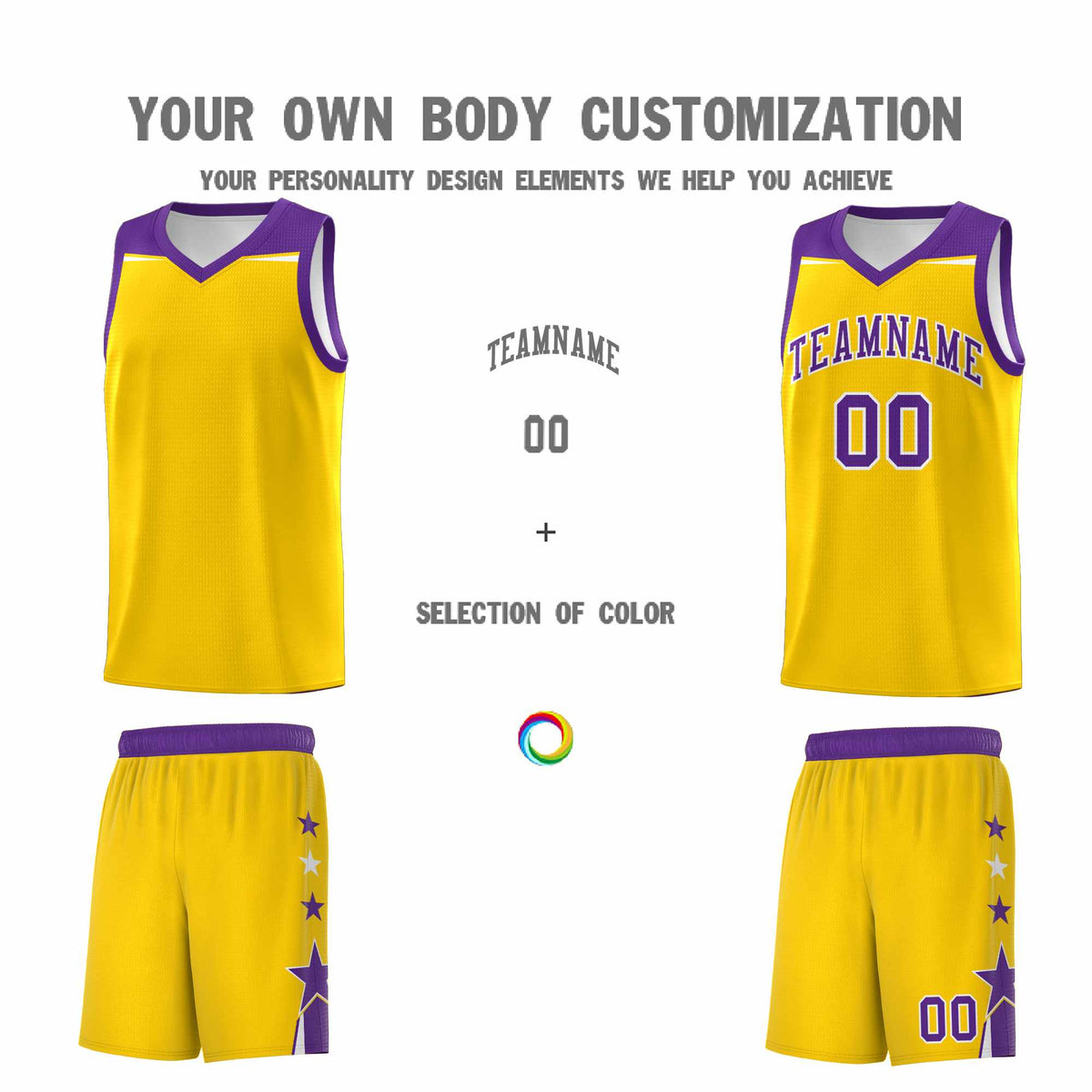 Custom Youth Basketball Uniform Gold Purple Two Tone Side Star Personalized Team Jersey