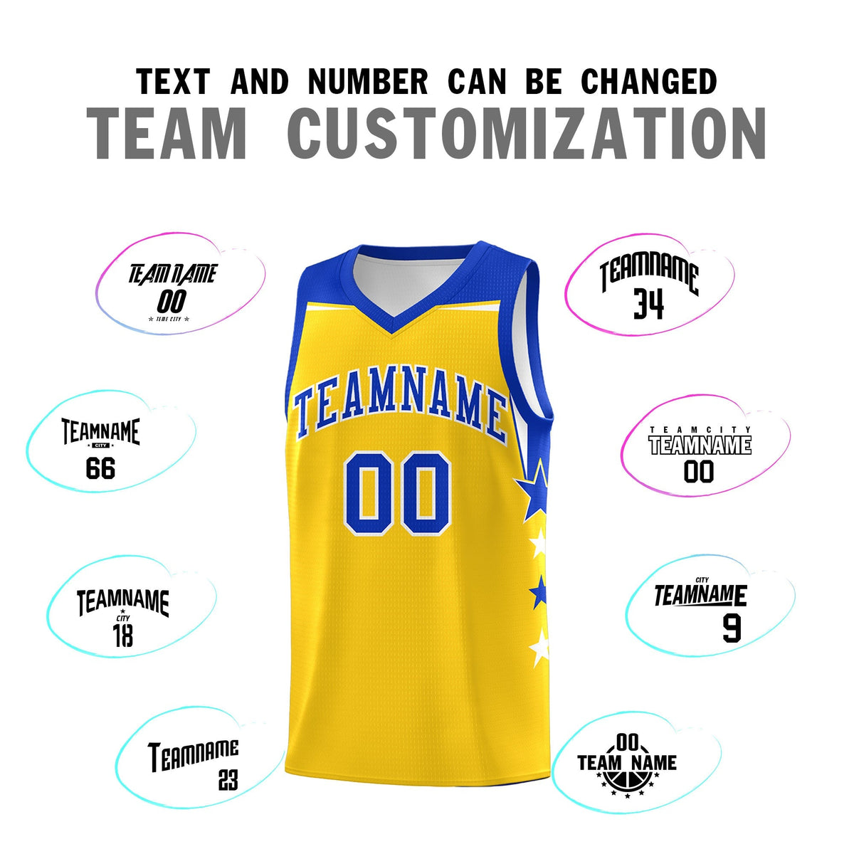 Custom Youth Basketball Uniform Gold Royal Two Tone Side Star Personalized Team Jersey