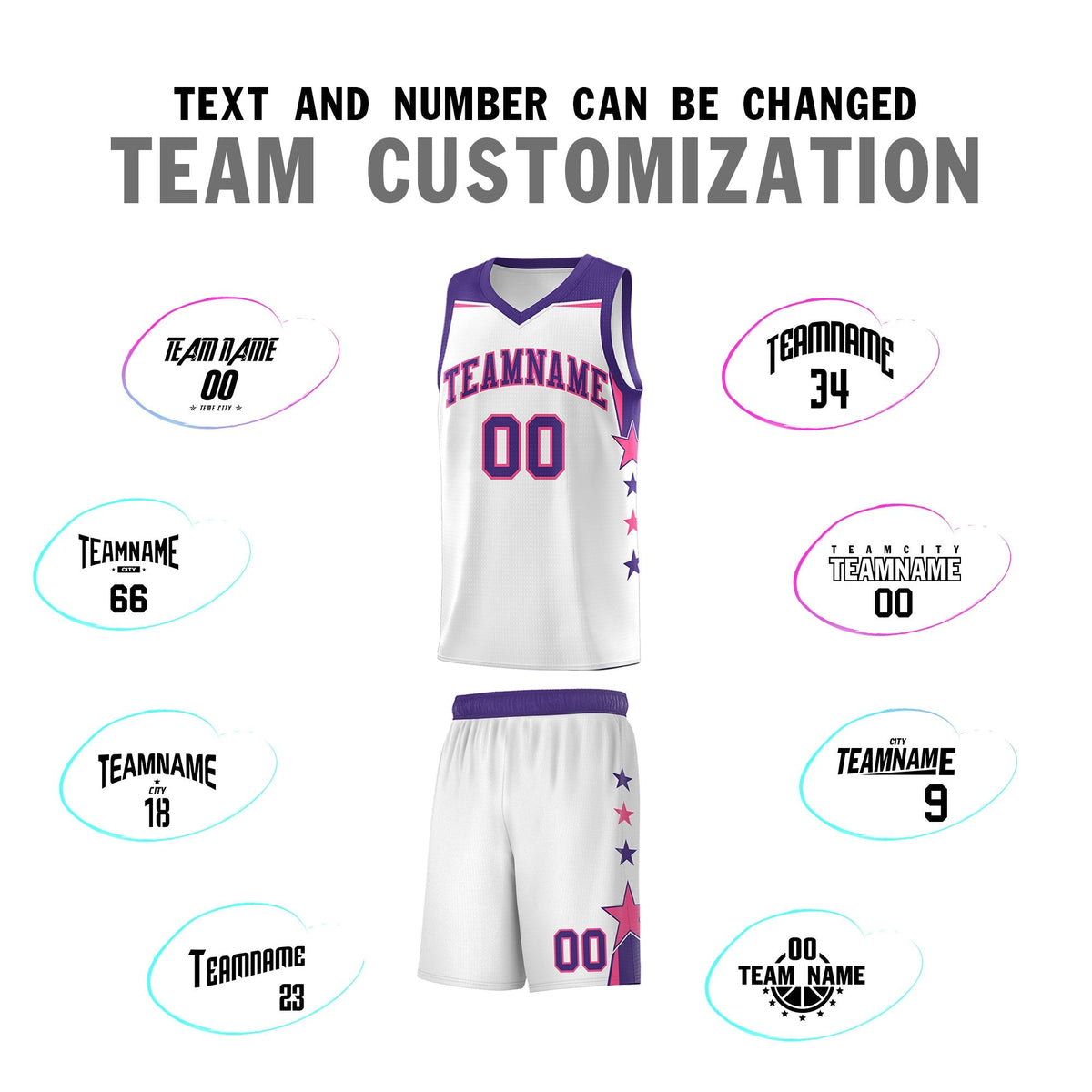 Custom Youth Basketball Uniform White Purple Two Tone Side Star Color Block Team Jersey
