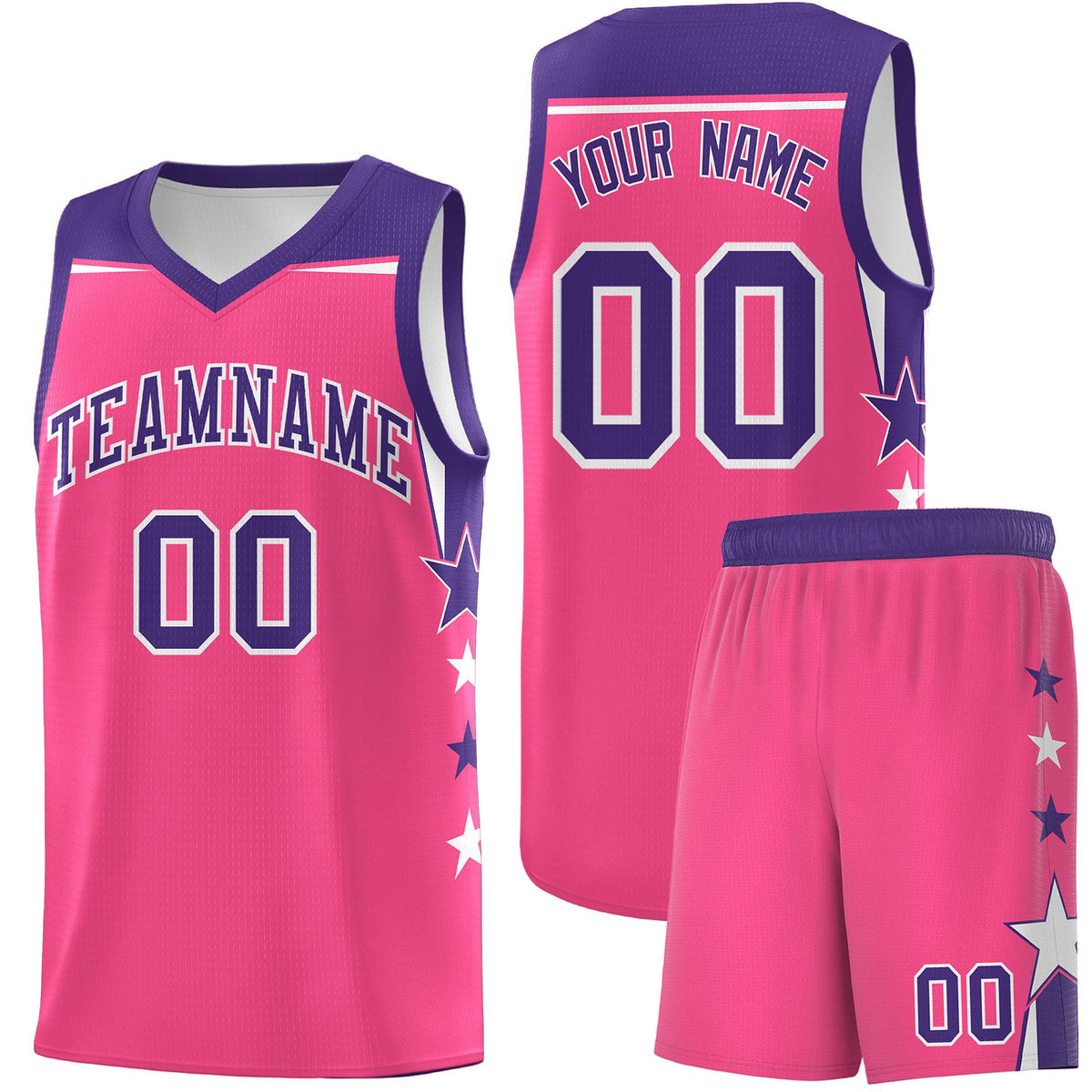Custom Youth Basketball Uniform Pink Purple Two Tone Side Star Add Name Number & Logo