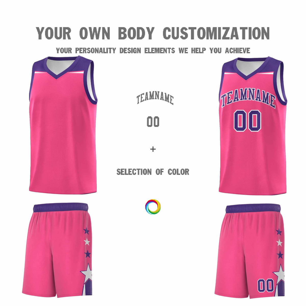 Custom Youth Basketball Uniform Pink Purple Two Tone Side Star Add Name Number & Logo