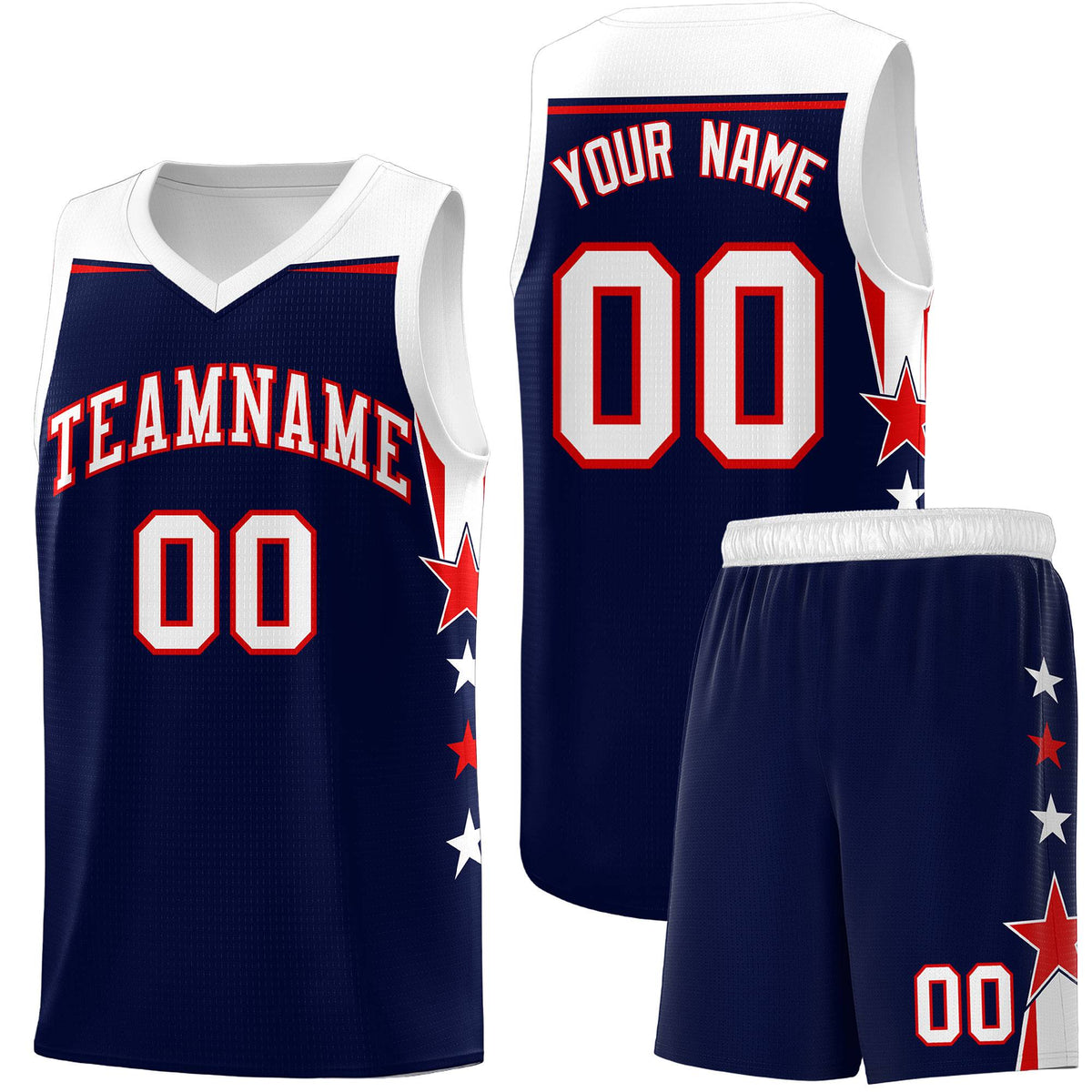 Custom Youth Basketball Uniform Navy White Two Tone Side Star Add Name Number & Logo