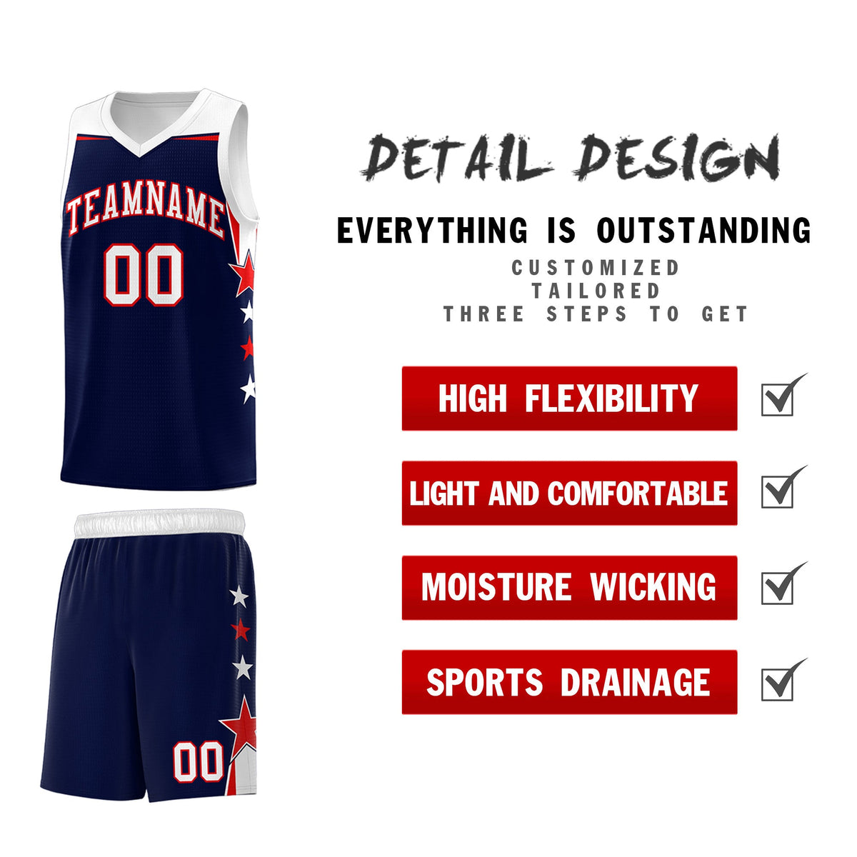Custom Youth Basketball Uniform Navy White Two Tone Side Star Add Name Number & Logo