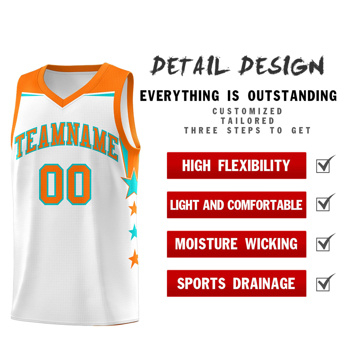 Custom Youth Basketball Uniform White Orange Two Tone Side Star Color Block Team Jersey