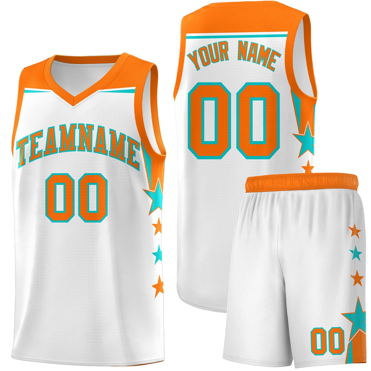 Custom Youth Basketball Uniform White Orange Two Tone Side Star Color Block Team Jersey