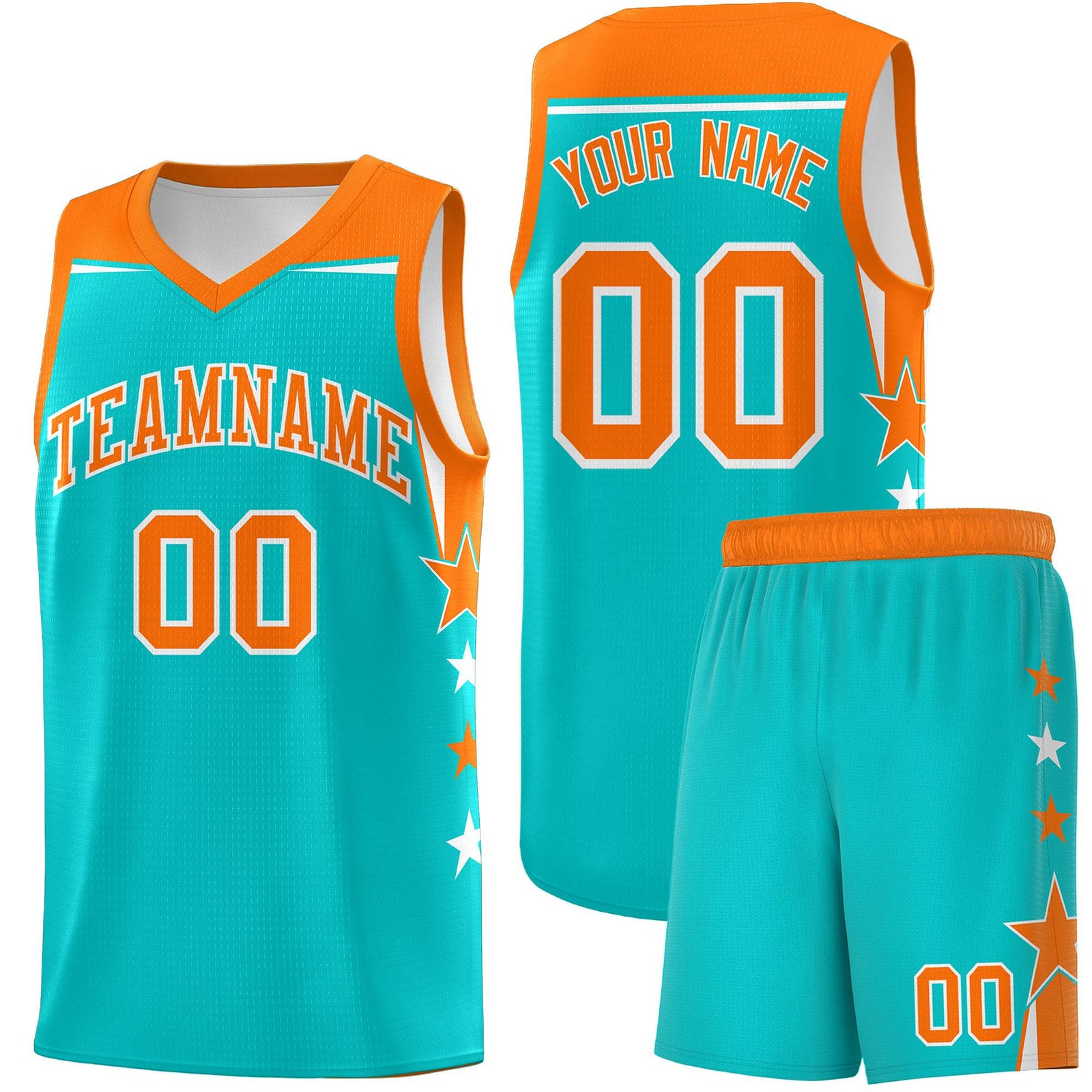 Custom Youth Basketball Uniform Aqua Orange Two Tone Side Star Personalized Team Jersey