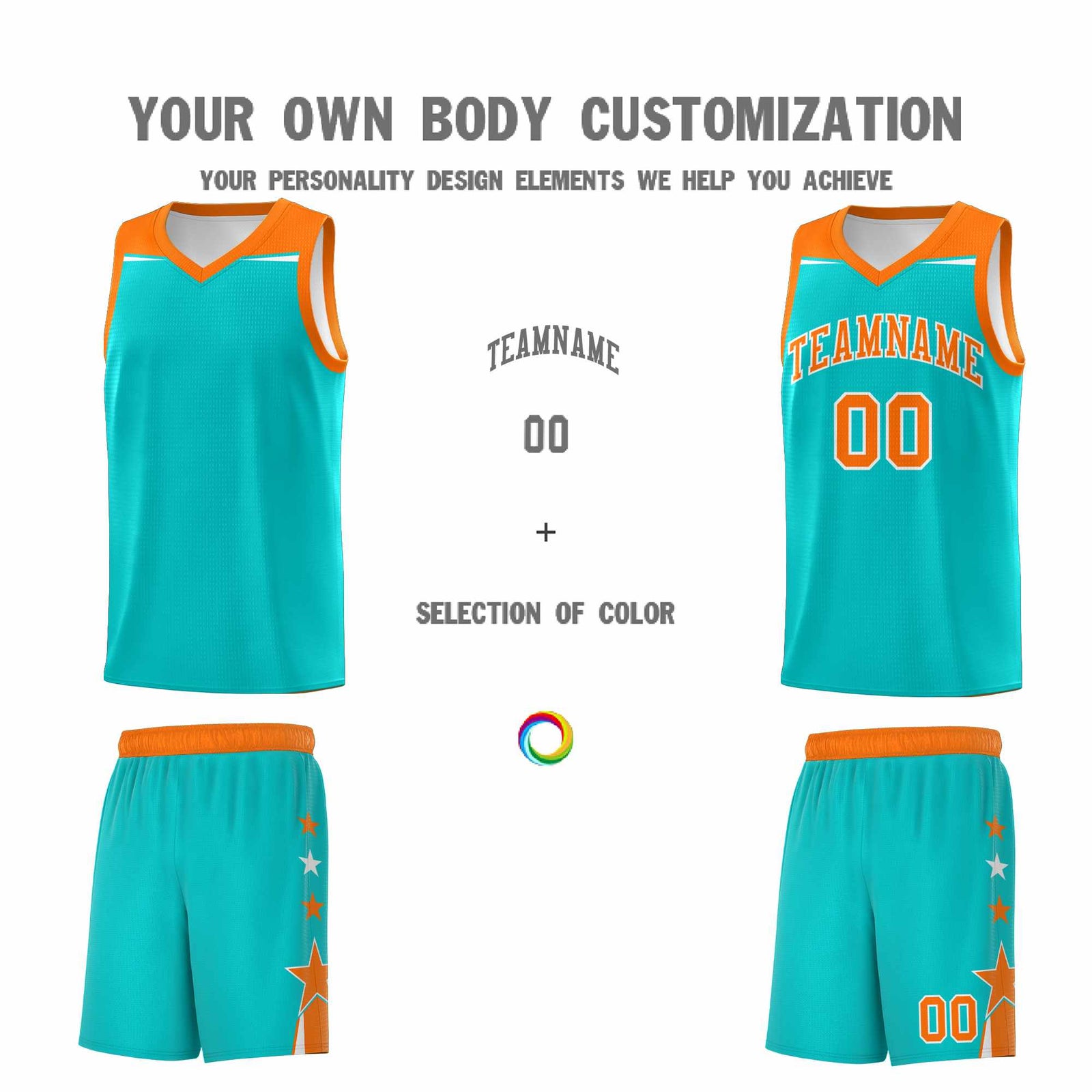 Custom Youth Basketball Uniform Aqua Orange Two Tone Side Star Personalized Team Jersey