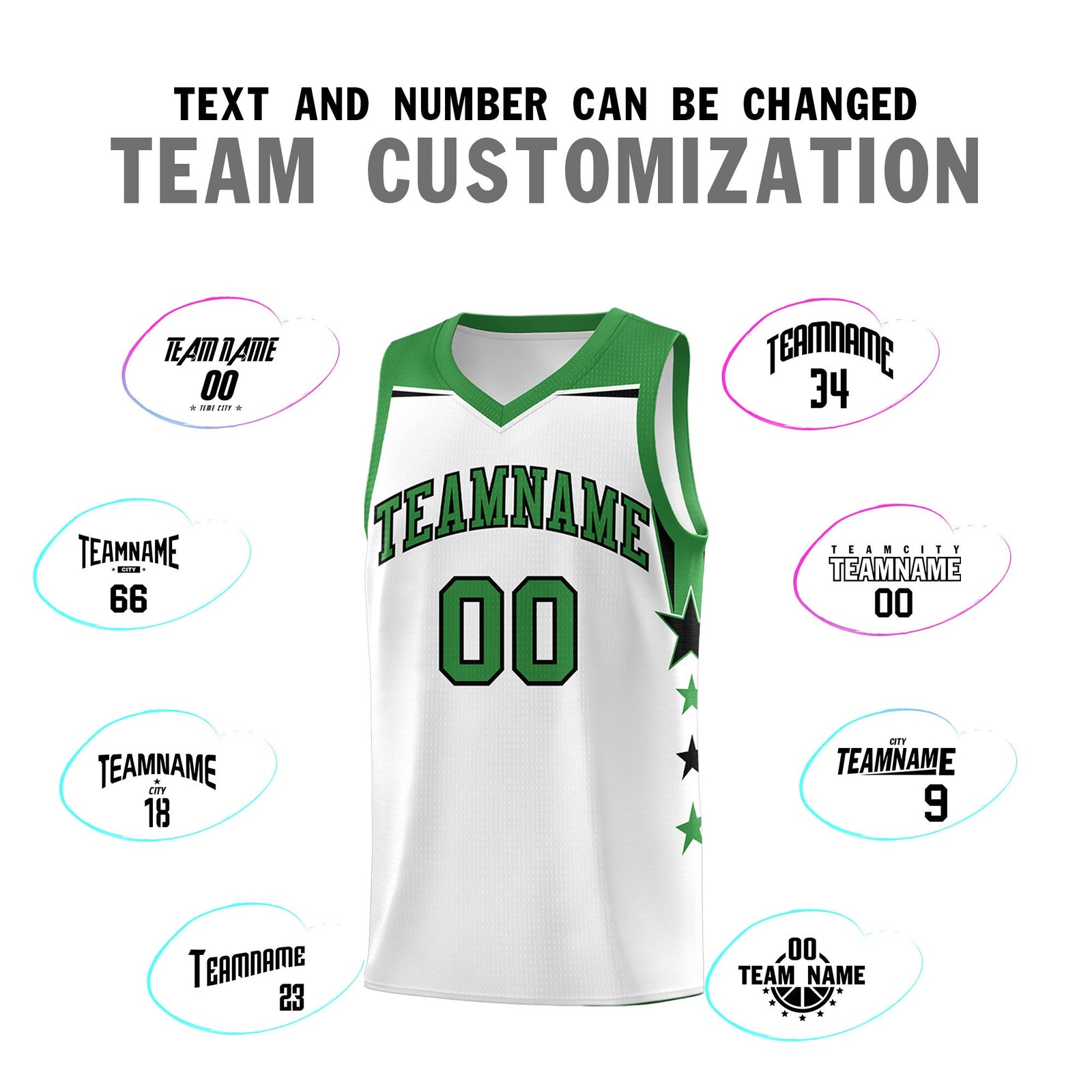 Custom Youth Basketball Uniform White Kelly Green Two Tone Side Star Color Block Team Jersey