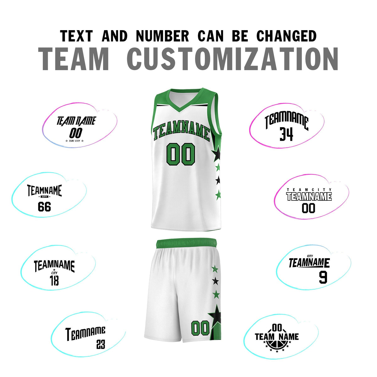 Custom Youth Basketball Uniform White Kelly Green Two Tone Side Star Color Block Team Jersey