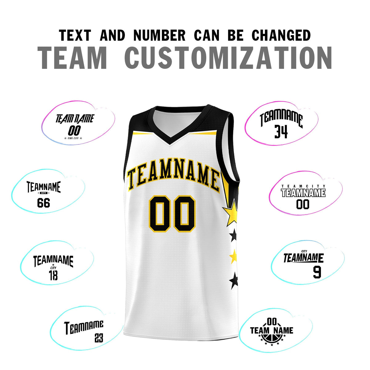 Custom Youth Basketball Uniform White Black Two Tone Side Star Color Block Team Jersey