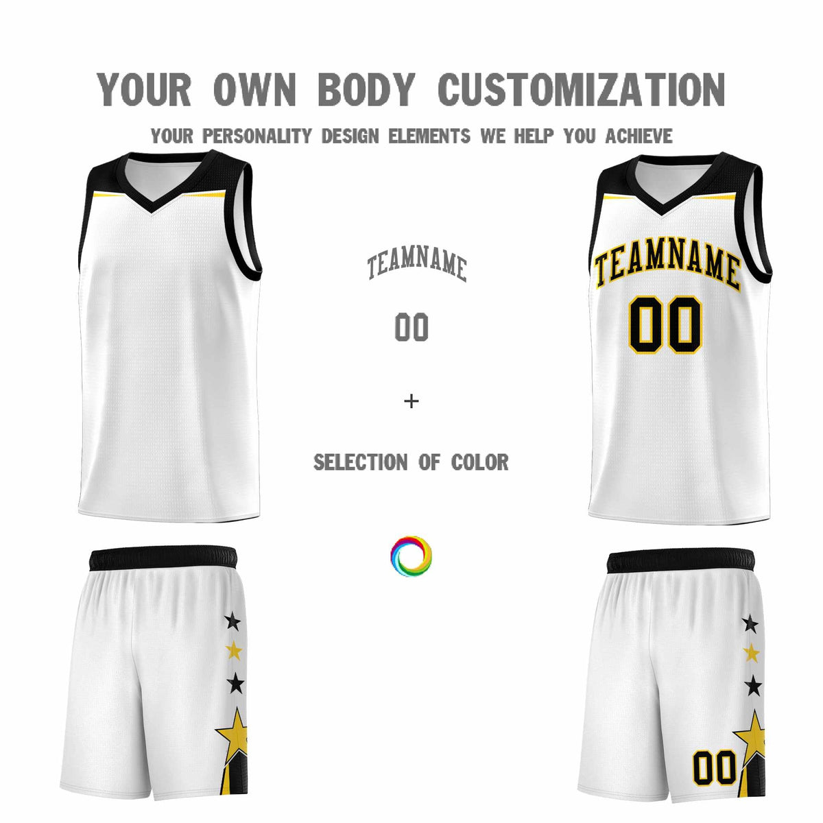 Custom Youth Basketball Uniform White Black Two Tone Side Star Color Block Team Jersey