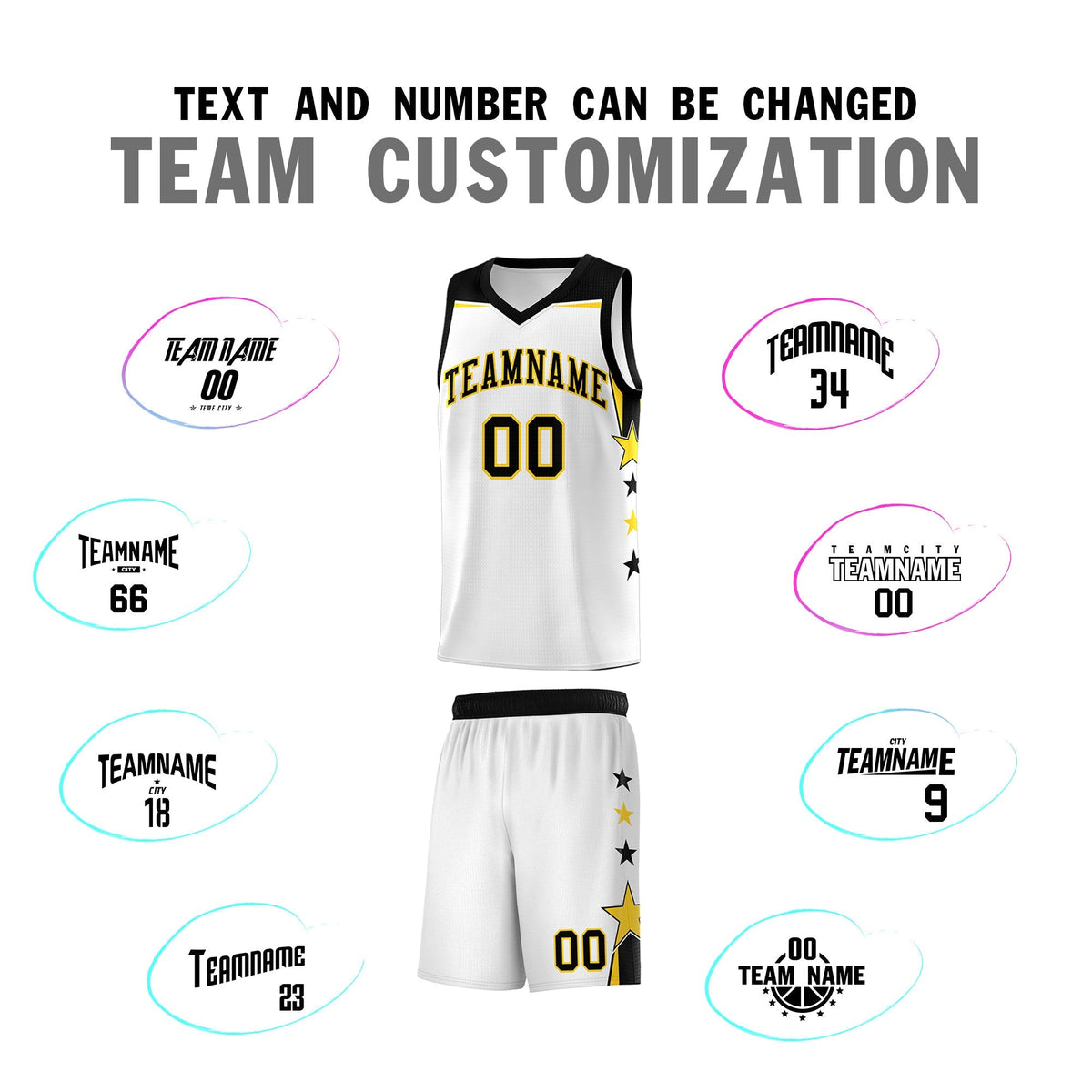 Custom Youth Basketball Uniform White Black Two Tone Side Star Color Block Team Jersey