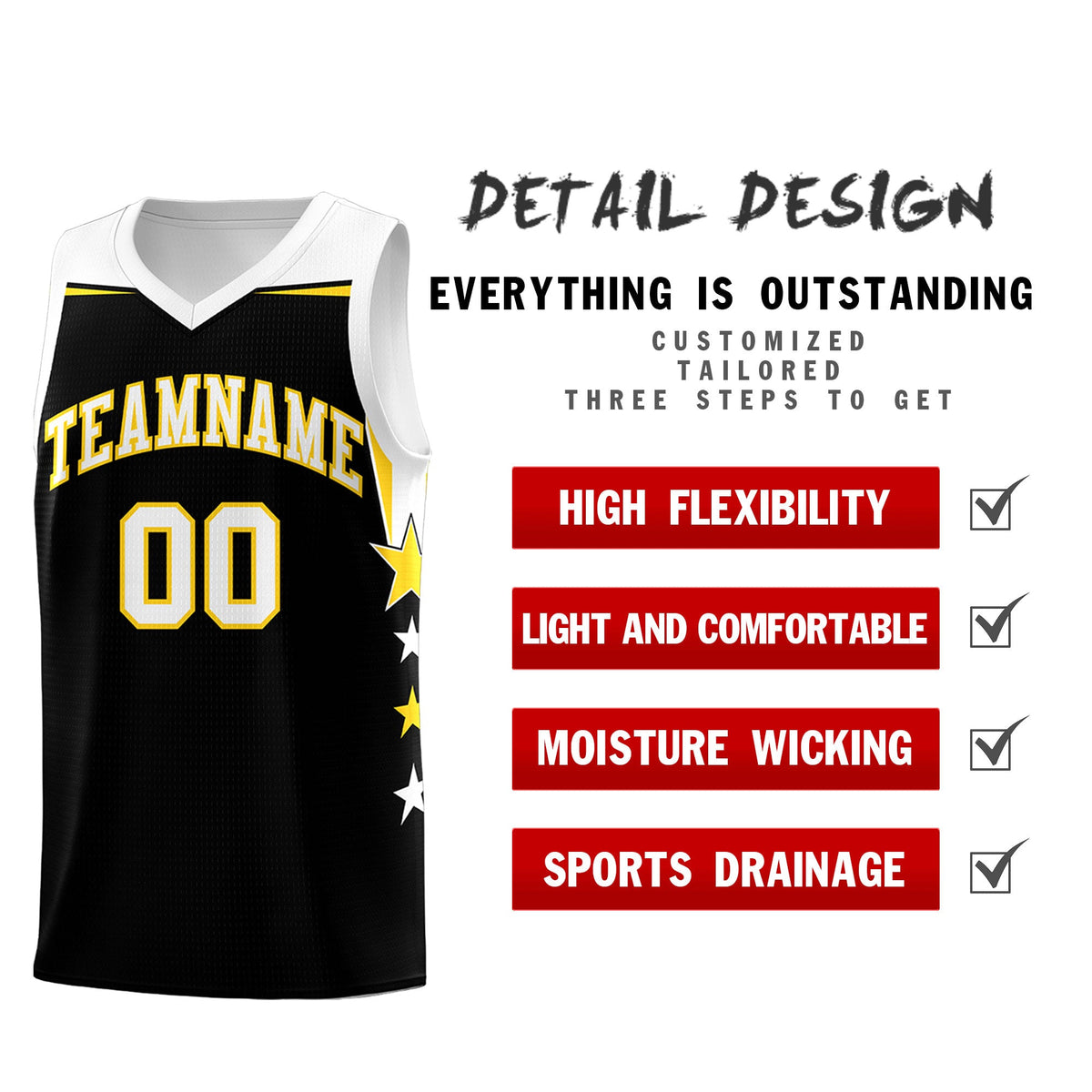 Custom Youth Basketball Uniform Black White Two Tone Side Star Add Name Number & Logo