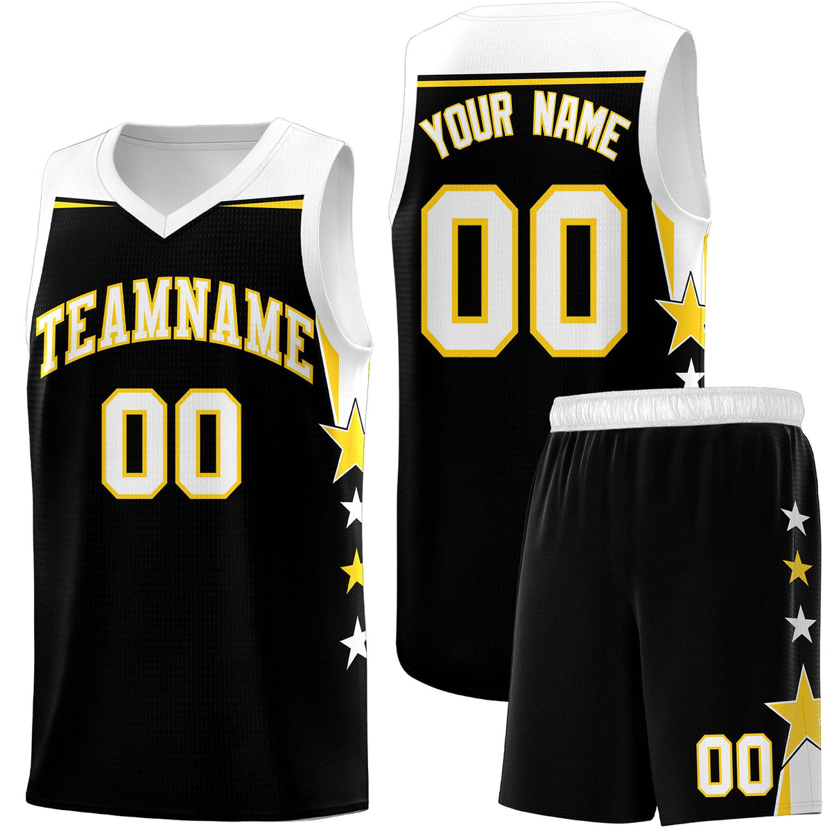 Custom Youth Basketball Uniform Black White Two Tone Side Star Add Name Number & Logo