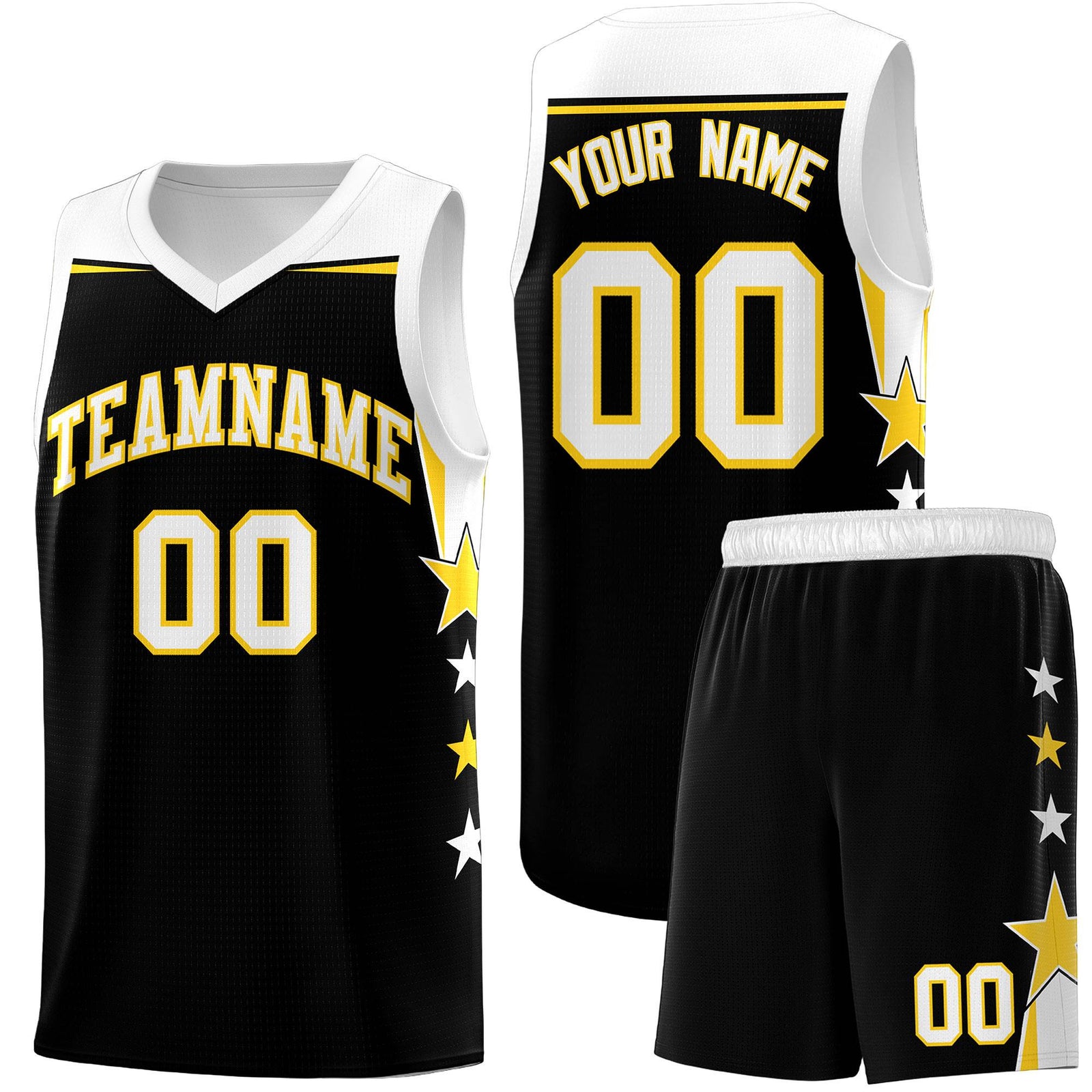 Custom Youth Basketball Uniform Black White Two Tone Side Star Add Name Number & Logo