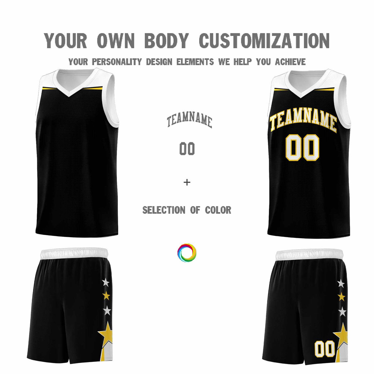 Custom Youth Basketball Uniform Black White Two Tone Side Star Add Name Number & Logo