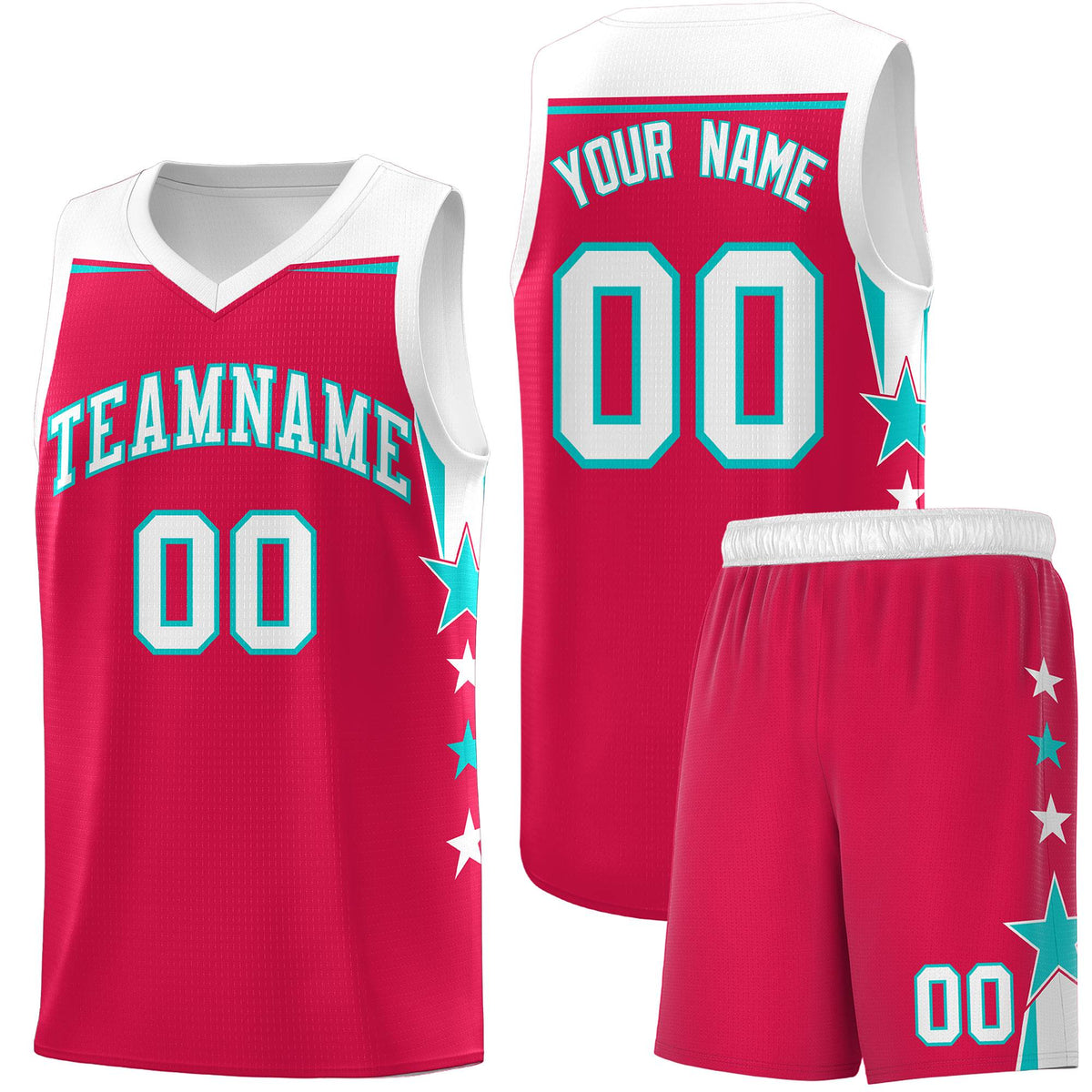 Custom Youth Basketball Uniform Red White Two Tone Side Star Add Name Number & Logo