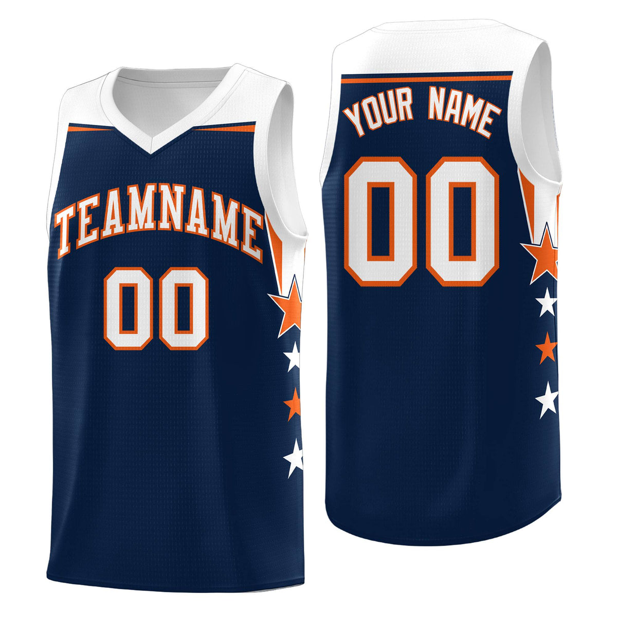 Custom Youth Basketball Uniform Navy White Two Tone Side Star Add Name Number & Logo