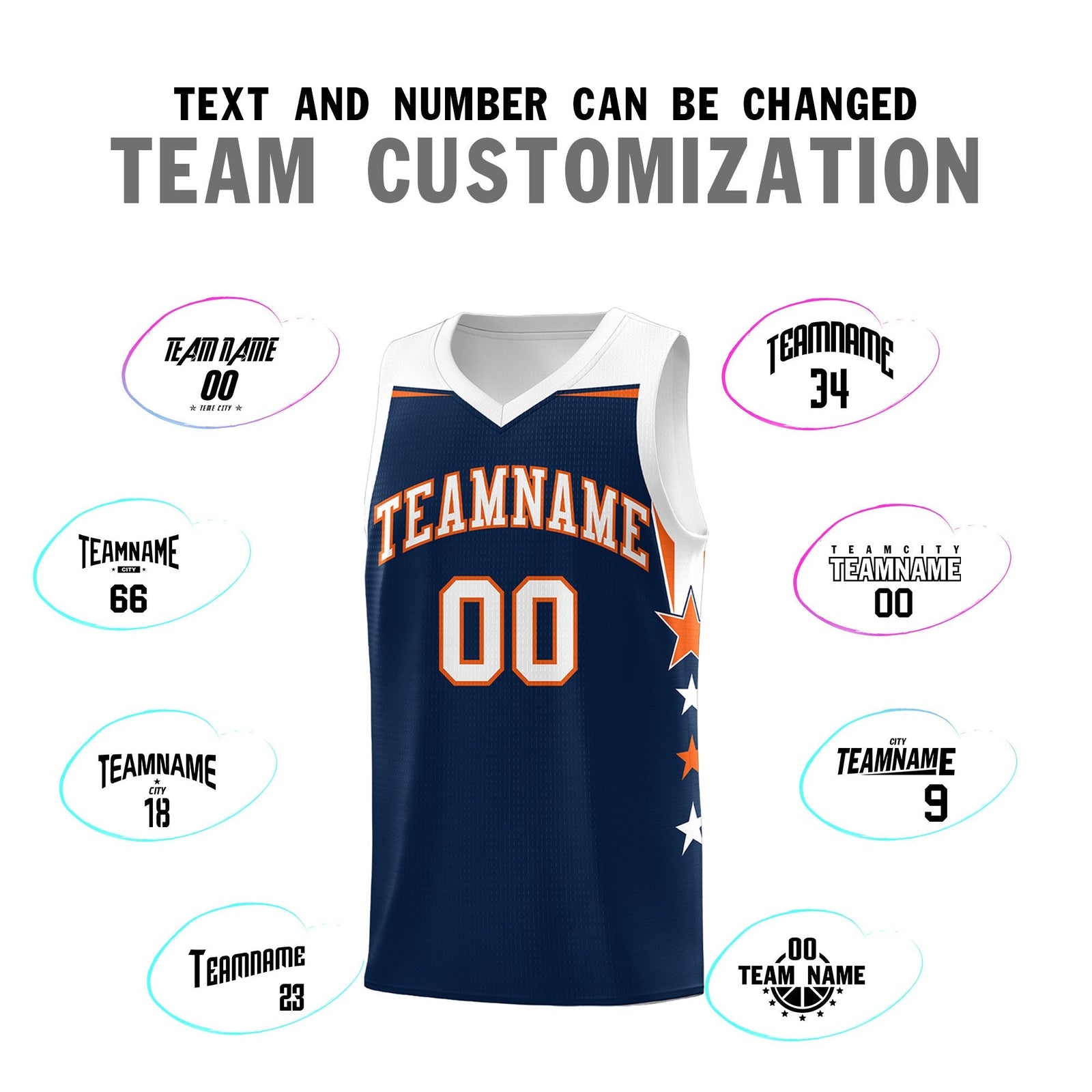 Custom Youth Basketball Uniform Navy White Two Tone Side Star Add Name Number & Logo