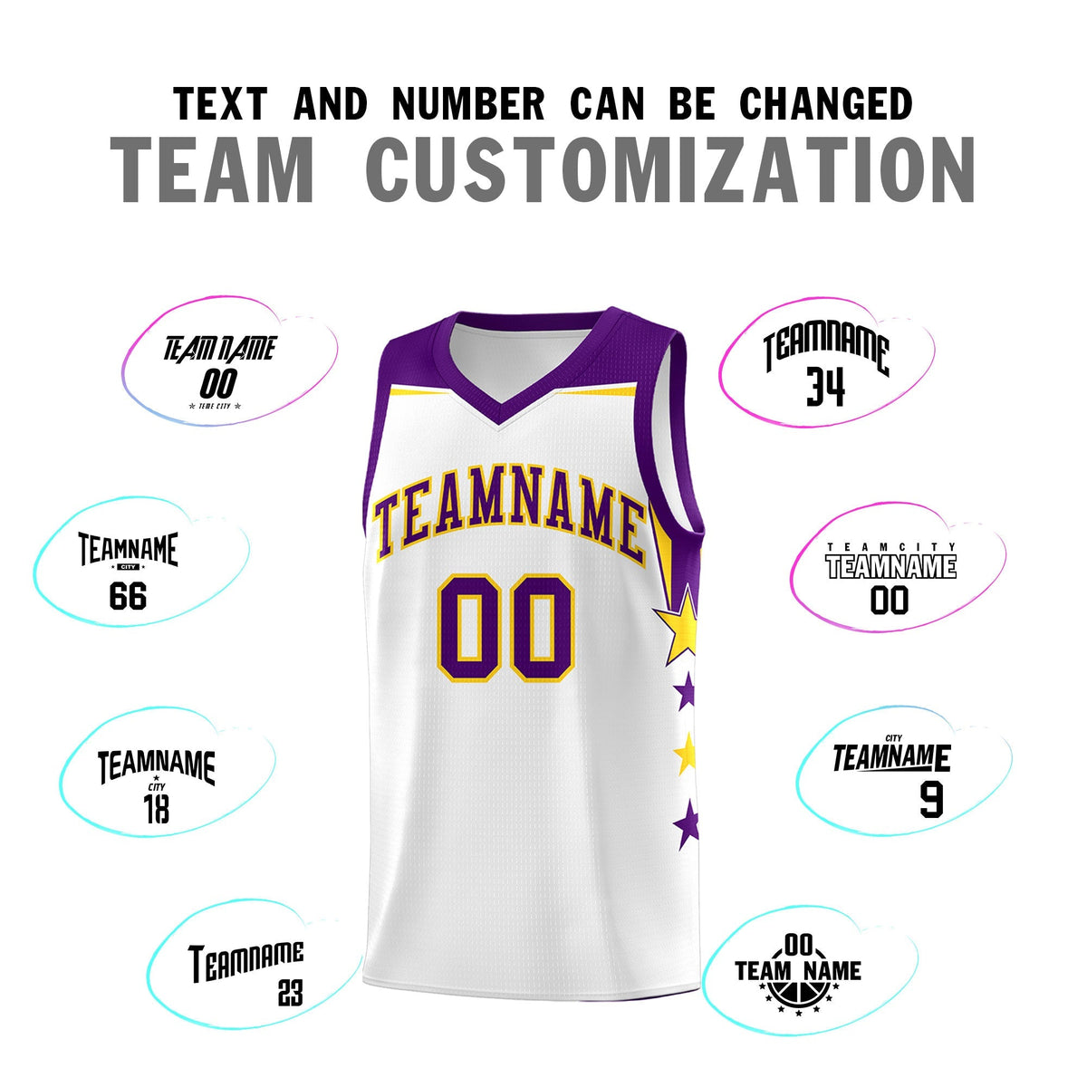 Custom Youth Basketball Uniform White Purple Two Tone Side Star Color Block Team Jersey