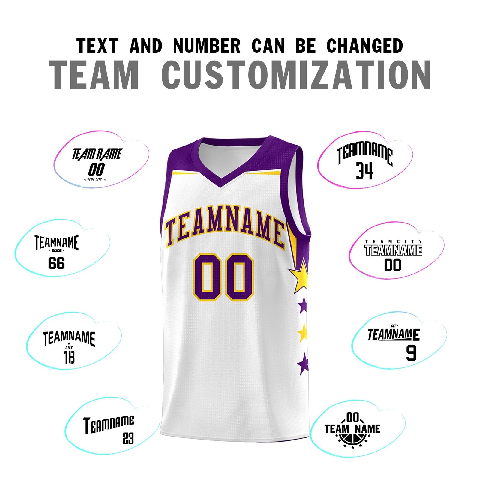 Custom Youth Basketball Uniform White Purple Two Tone Side Star Color Block Team Jersey